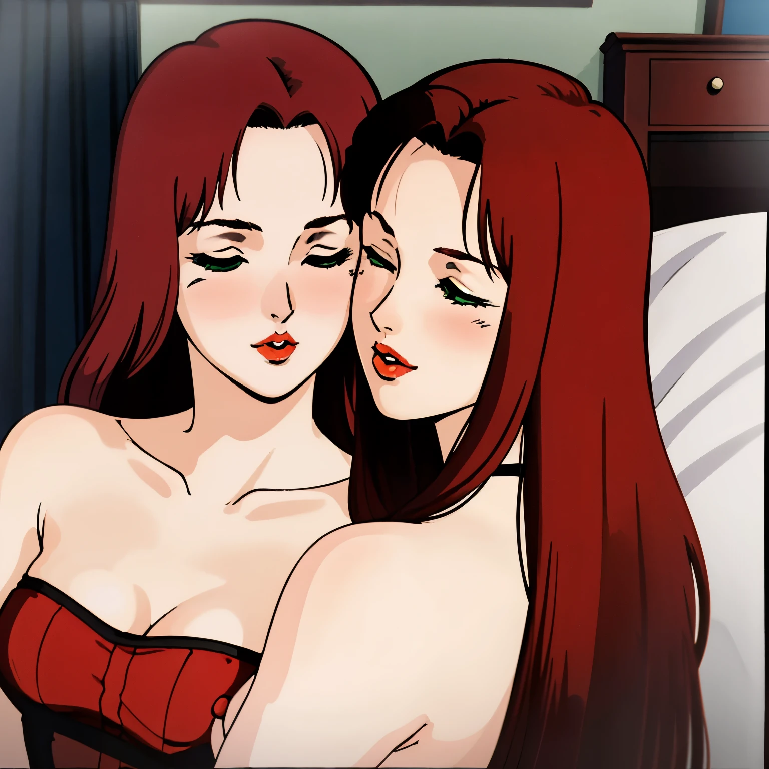 masterpiece,high quality,2people,nsfw, christinamackenzie,2girls, bedroom, naked body,bare breasts,belly,standing, sex,horny,pucker kiss,smooch kiss, choker, face blush, closed eyes,pale skin, long hair,parted bangs,red hair,green eyes, 