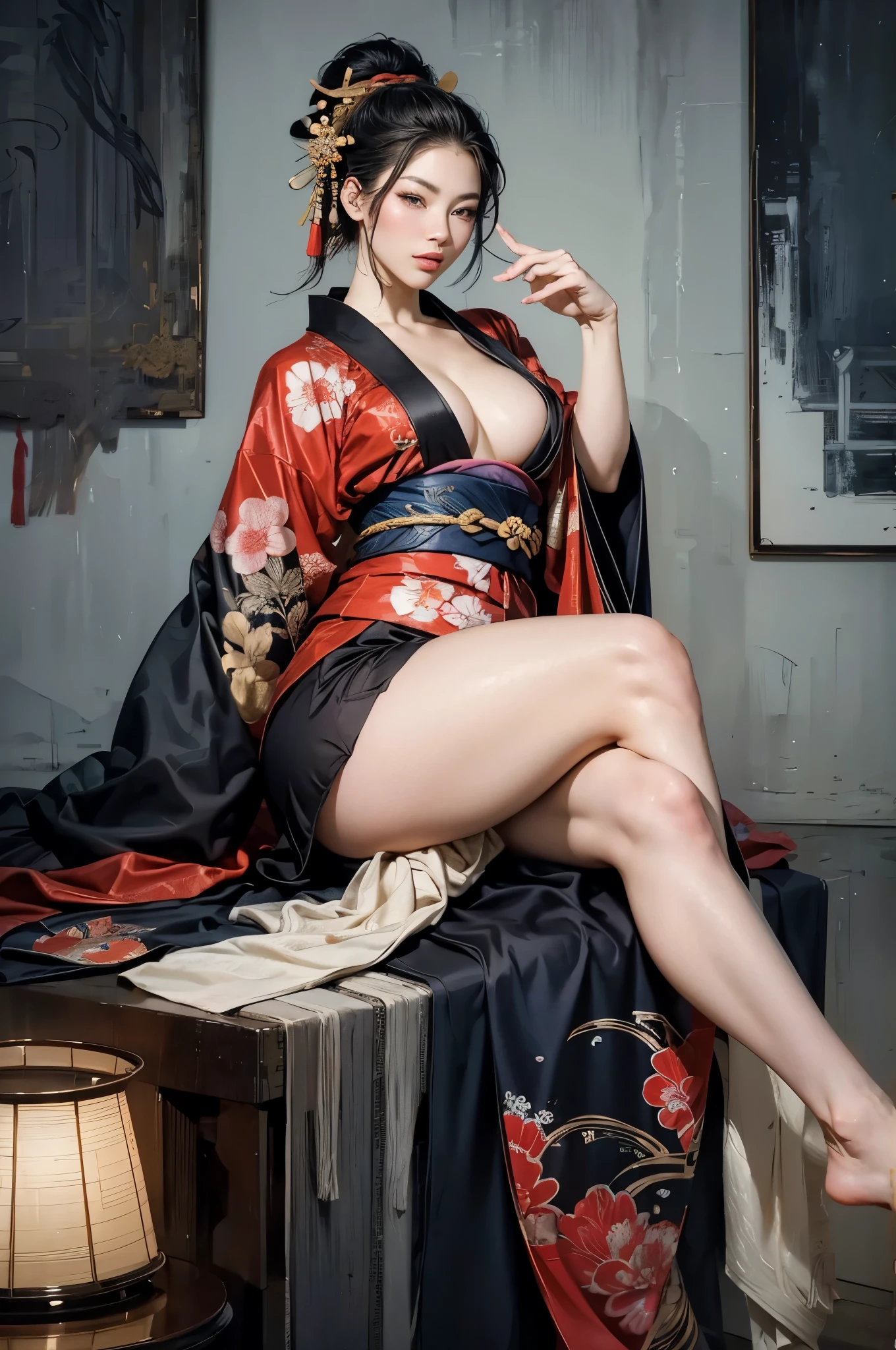 Umalinda warrior sexy, pretty face, Delicious Company, Alluring figure, Wearing a sexy open kimono. The artwork is created in a medium reminiscent of Japanese ink paintings....., Featuring bold brushstrokes and a monochromatic palette. artist'Masterful technique reveals the intensity and power of the image'sense of presence,with the highest quality, Perfectly capture every detail with ultra-high resolution. Textures and intricate patterns on kimonos are rendered with extreme precision. Lighting is carefully designed,Enhance drama, Features deep shadows and subtle highlights. General, The artwork exudes elegance and power, Combining traditional Japanese aesthetics with a modern feel,Combine details, Create captivating and immersive experiences for your audience.