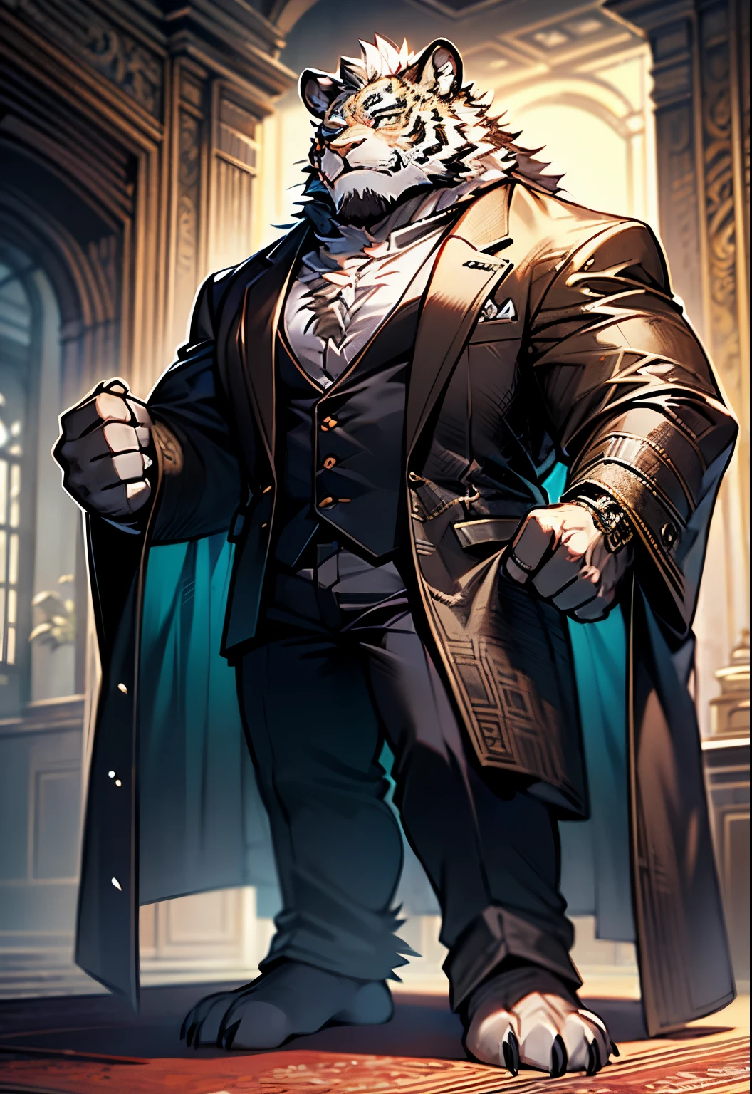 hairy, gray fur, glowing hair, hairy, night, Inside the villa，white tiger orc, hairy, white tiger orc, full-body shot， With accessories, Eyes cold and fierce， strong figure，wearing black suit，See the face clearly