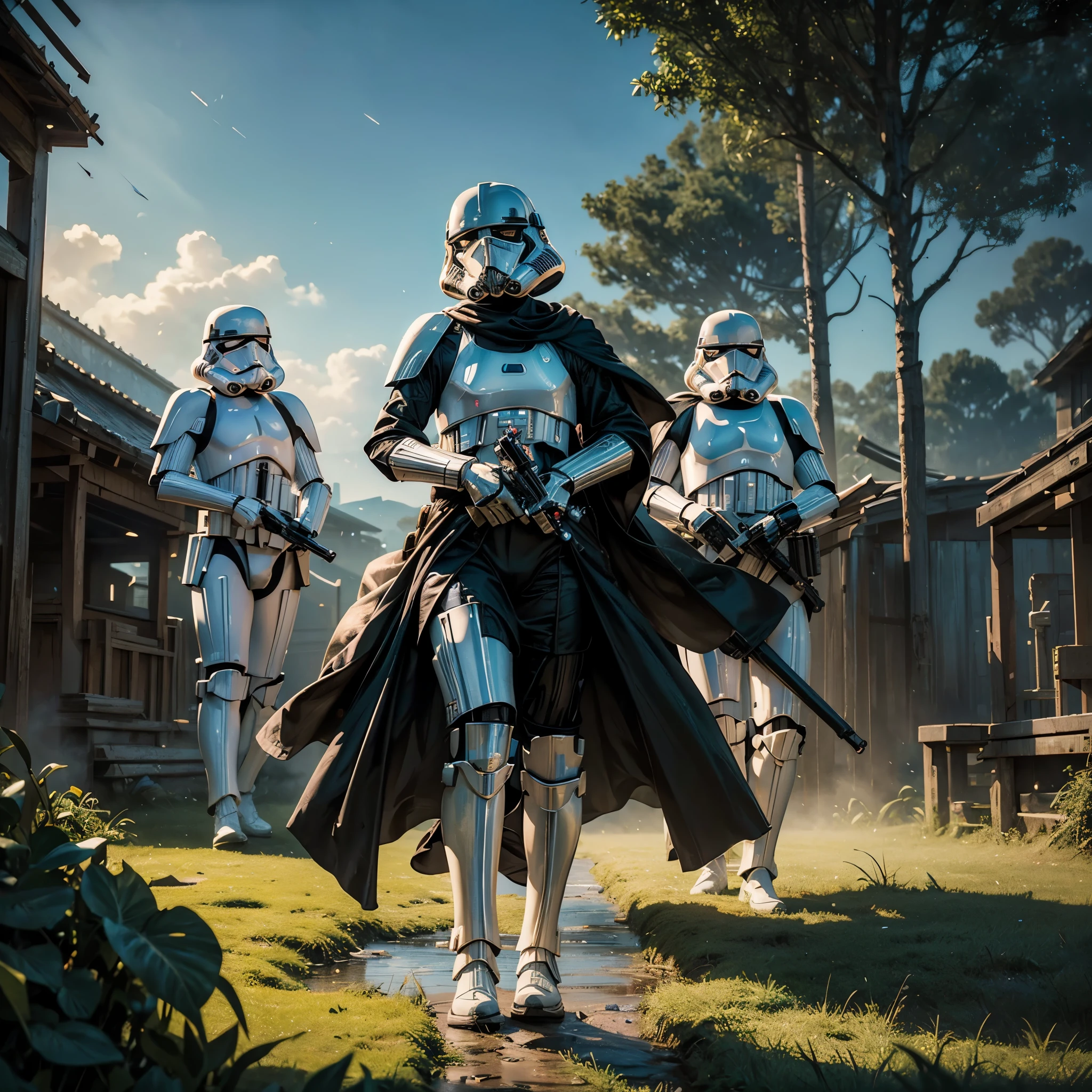 (Complex scene)(Multiple subjects) A (sexy lightsaber wielding Jedi( battles (Imperial Storm Troopers) in a Rice Paddy, Setting Star Wars (best quality,4k,8k,highres,masterpiece:1.2),ultra-detailed,(realistic,photorealistic,photo-realistic:1.37), HDR, UHD, studio lighting, extreme detail description, professional, vivid colors, bokeh, portraits, landscape, sci-fi, concept art, vibrant colors, dynamic lighting