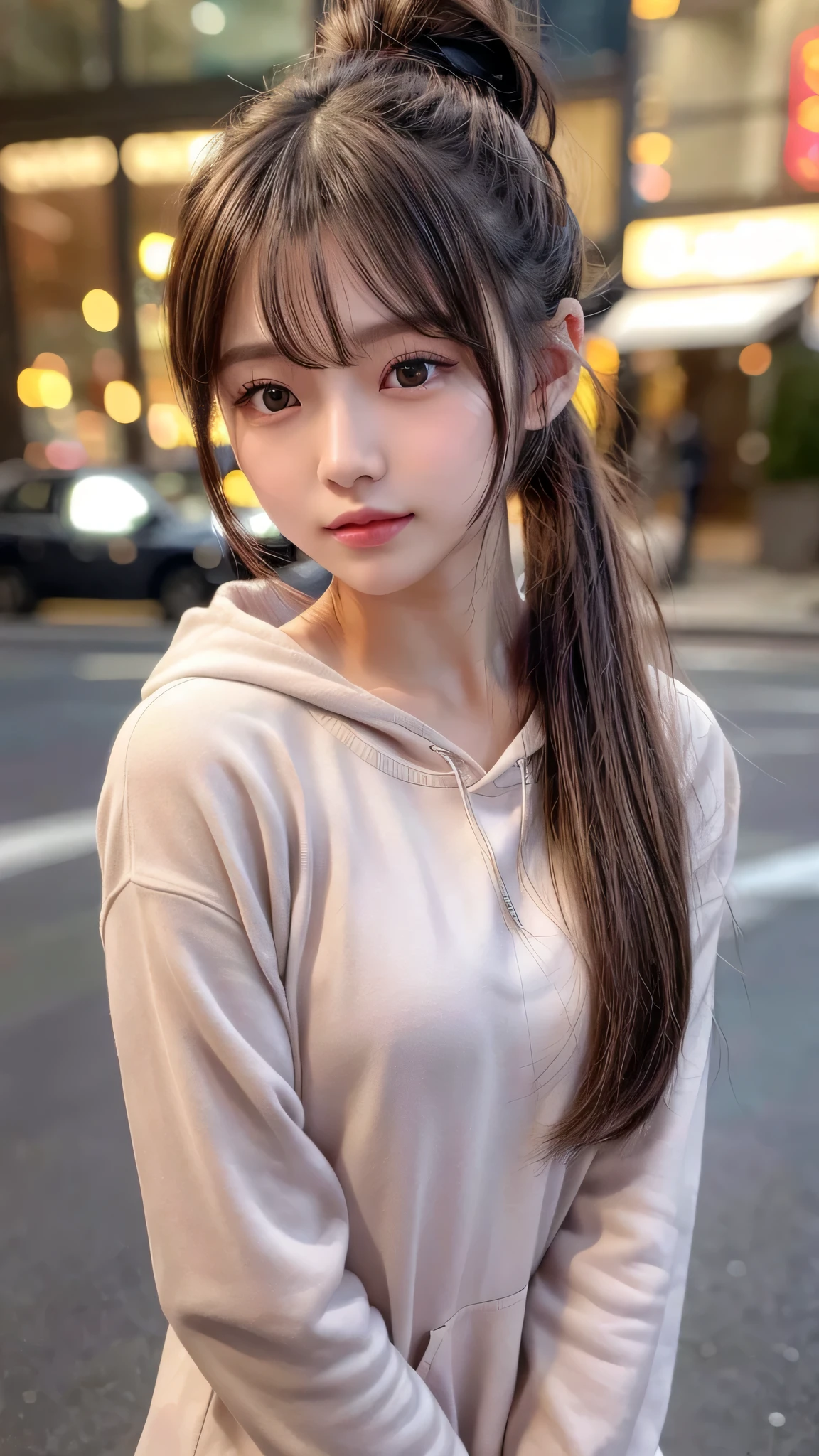 blush,,small breasts,winter,european cityscape,night,long hair ponytail,outdoors,warm winter clothes,wearing a hoodie with a hood,pants look,close up of face,((8K, Raw photo, best quality, muste piece:1.2), (Reality, photorealistic:1.4), (Highly detailed 8K wallpaper), Depth of the bounds written, cinematic lighting, soft light, detailed beauty eye,Shiny and smooth light brown ponytail, asymmetrical bangs, shiny skin, super detailed skin ,high resolution, high detail, detailed hairstyle, detailed beauty face, hyper real, perfect limbs, perfect anatomy ,1 Japanese girl,famous japanese idol, perfect female body,shy smile,short eyelashes,double-edged eyelids,look straight here,Hair style is ponytail,