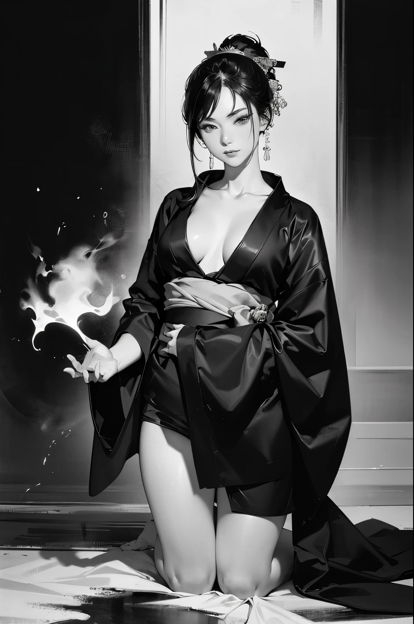 Umalinda warrior sexy, pretty face, Delicious Company, Alluring figure, Wearing a sexy open kimono. The artwork is created in a medium reminiscent of Japanese ink paintings....., 具有大胆的笔触和Monochromatic color palette. artist&#39;Masterful technique reveals the intensity and power of the image&#39;sense of presence，with the highest quality, Perfectly capture every detail with ultra-high resolution. Textures and intricate patterns on kimonos are rendered with extreme precision. Lighting is carefully designed，Enhance drama, Features deep shadows and subtle highlights. General, The artwork exudes elegance and power, Combining traditional Japanese aesthetics with a modern feel. Monochromatic color palette, Combine details, Create captivating and immersive experiences for your audience.