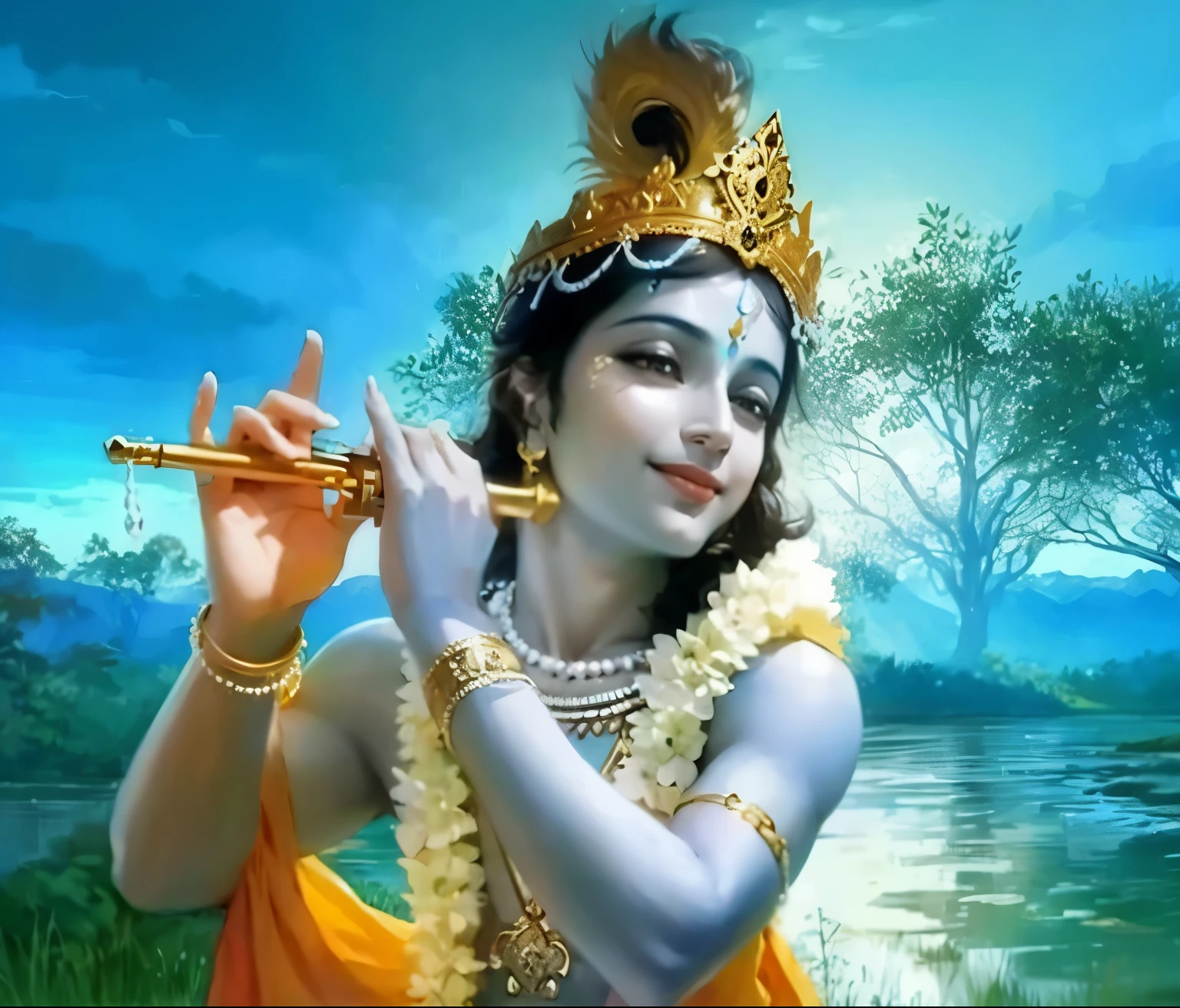 Lord Krishna playing a flute, divine smile, forest scenery, blue sky, river bank
