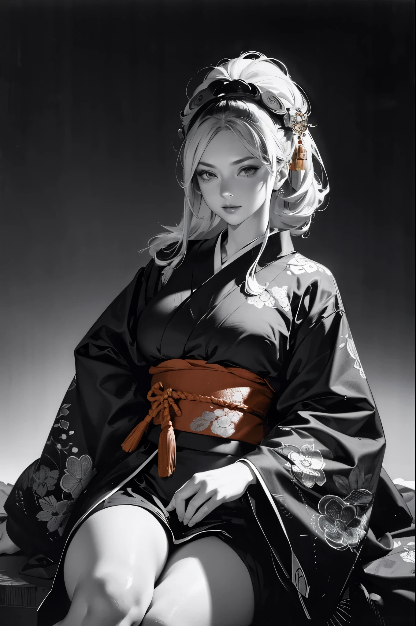 Umalinda warrior sexy, pretty face, Delicious Company, Alluring figure, Wearing a sexy open kimono. The artwork is created in a medium reminiscent of Japanese ink paintings....., 具有大胆的笔触和Monochromatic color palette. artist'Masterful technique reveals the intensity and power of the image'sense of presence,with the highest quality, Perfectly capture every detail with ultra-high resolution. Textures and intricate patterns on kimonos are rendered with extreme precision. Lighting is carefully designed,Enhance drama, Features deep shadows and subtle highlights. General, The artwork exudes elegance and power, Combining traditional Japanese aesthetics with a modern feel. Monochromatic color palette, Combine details, Create captivating and immersive experiences for your audience.