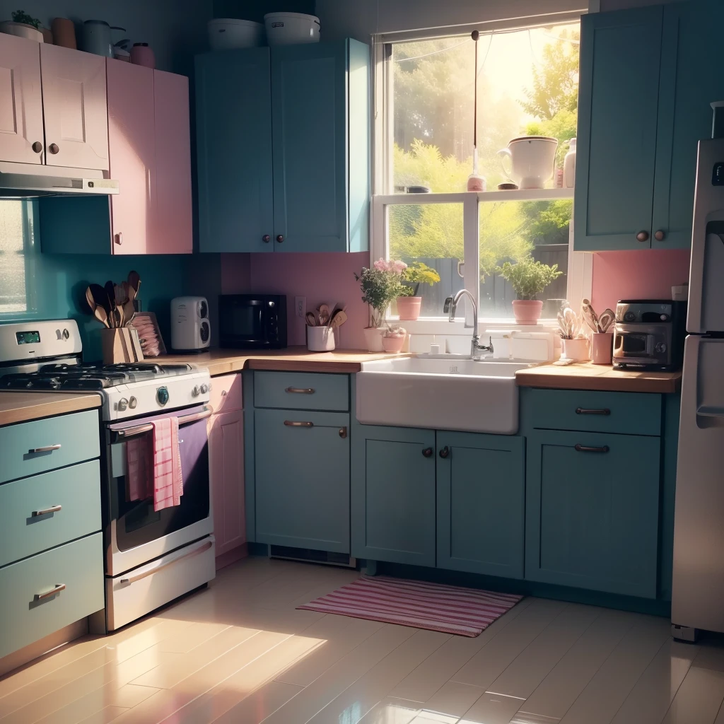 kitchen、夜のkitchen、the lights are on、Lots of cute accessories、Lots of pink colors、Delicious food、tidying up、blue wall、How people look when they are standing