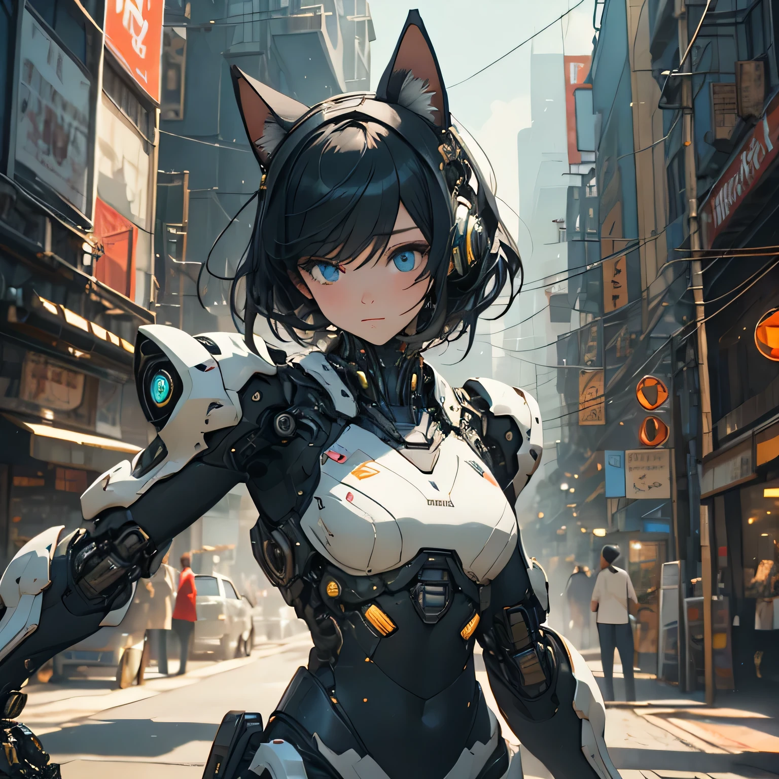 (highest quality、masterpiece)、(Super detailed)、Very detailed CG、8k、unreal engine、3D rendering、beautiful mechanic、((high contrast))、(High chroma)、((very delicate and beautiful))、reflected light、highly detailed background、(cyber punk、machine city、future city)、One is femininely correct))、black hair、shortcut、mechanical cat ears、beautiful and delicate hair、(detailed beautiful eyes、detailed beautiful face)、highly detailed skin、gloves、Black Cybersuit、((cowboy shot))、action pose