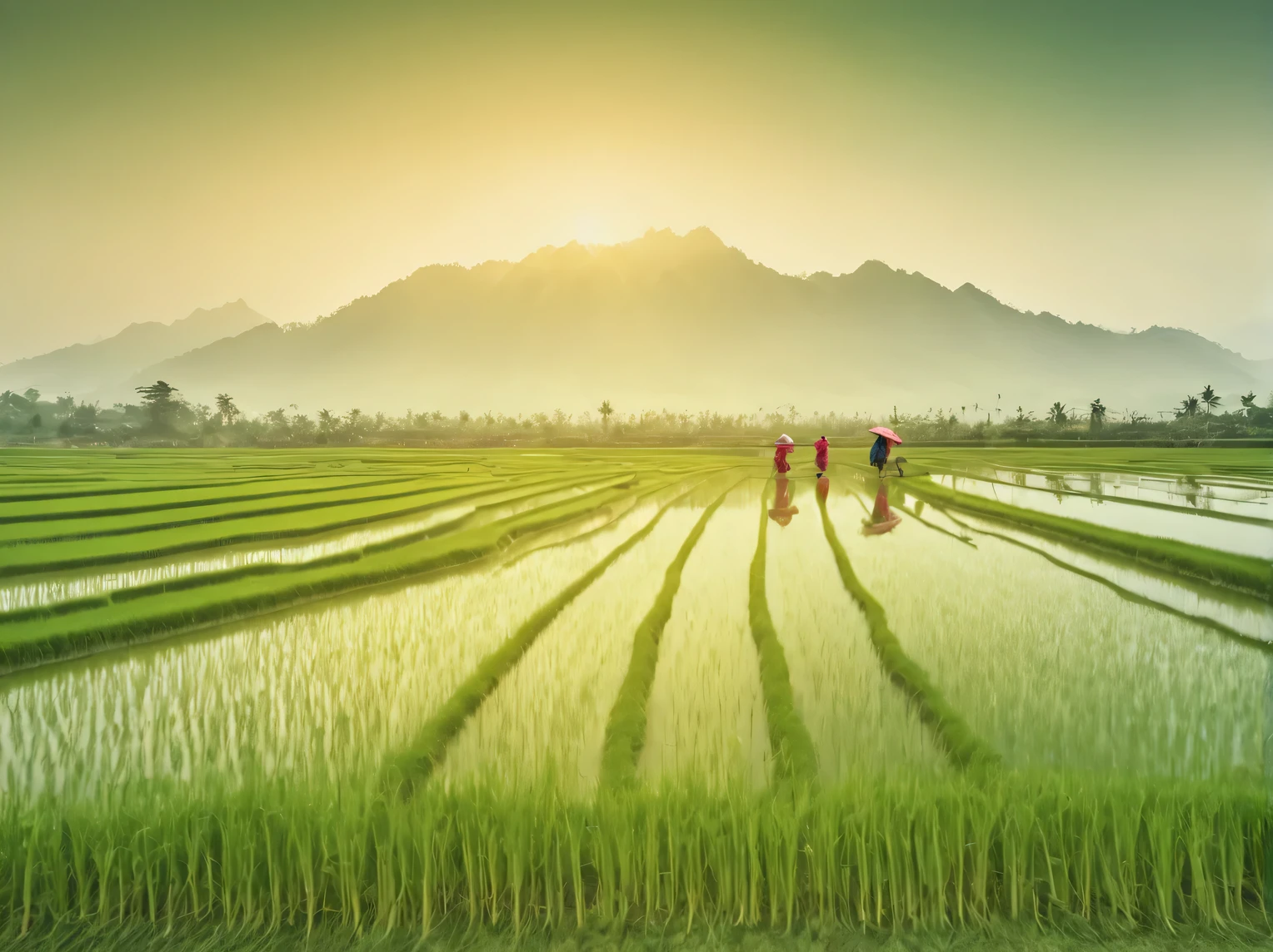 Double exposure photography, rice fields, Chinese rice producer, bright lush landscape, A high resolution 32K, A high resolution, (double exposure: 1.5)