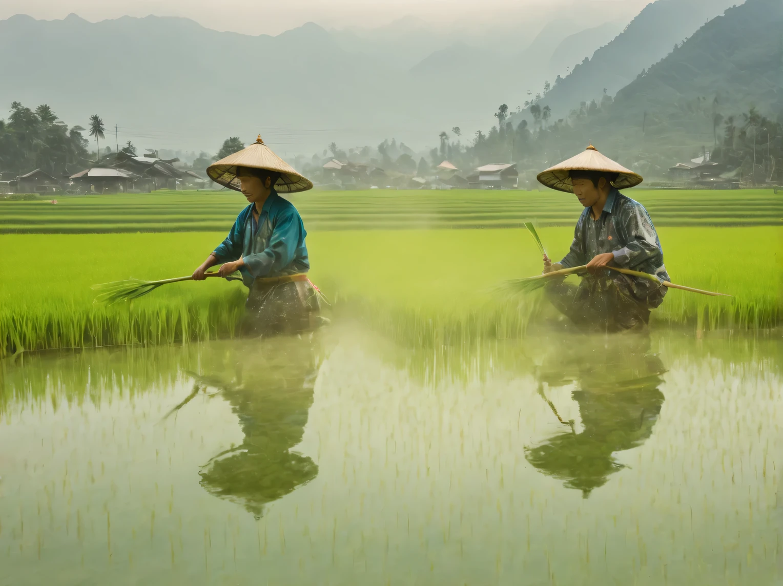 Double exposure photography, rice fields, Chinese rice producer, bright lush landscape, A high resolution 32K, A high resolution, (double exposure: 1.5)