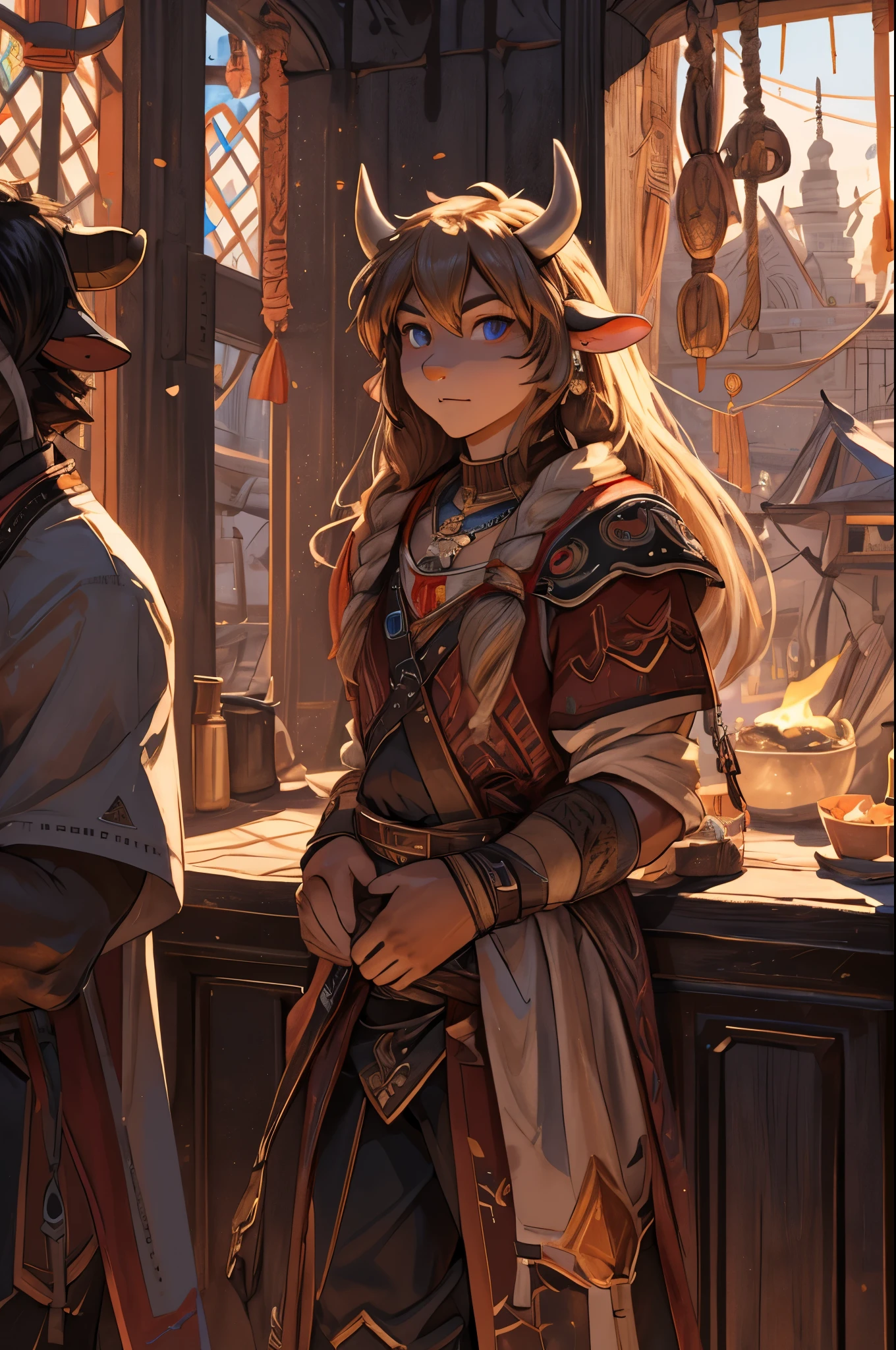 (8k, RAW photo, best quality, masterpiece), (1girl:1.5), a detailed character portrait, clearly worked out detail, (taurus, cow), (warrior, barbarian), ((muscular, cute face)), fantasy hobo ripped clothes, rpg, dnd, lithe, intricate, cinematic, natural lighting, anime, MAPPA style, raytracing, detailed face, high resolution, (ultra detailed)