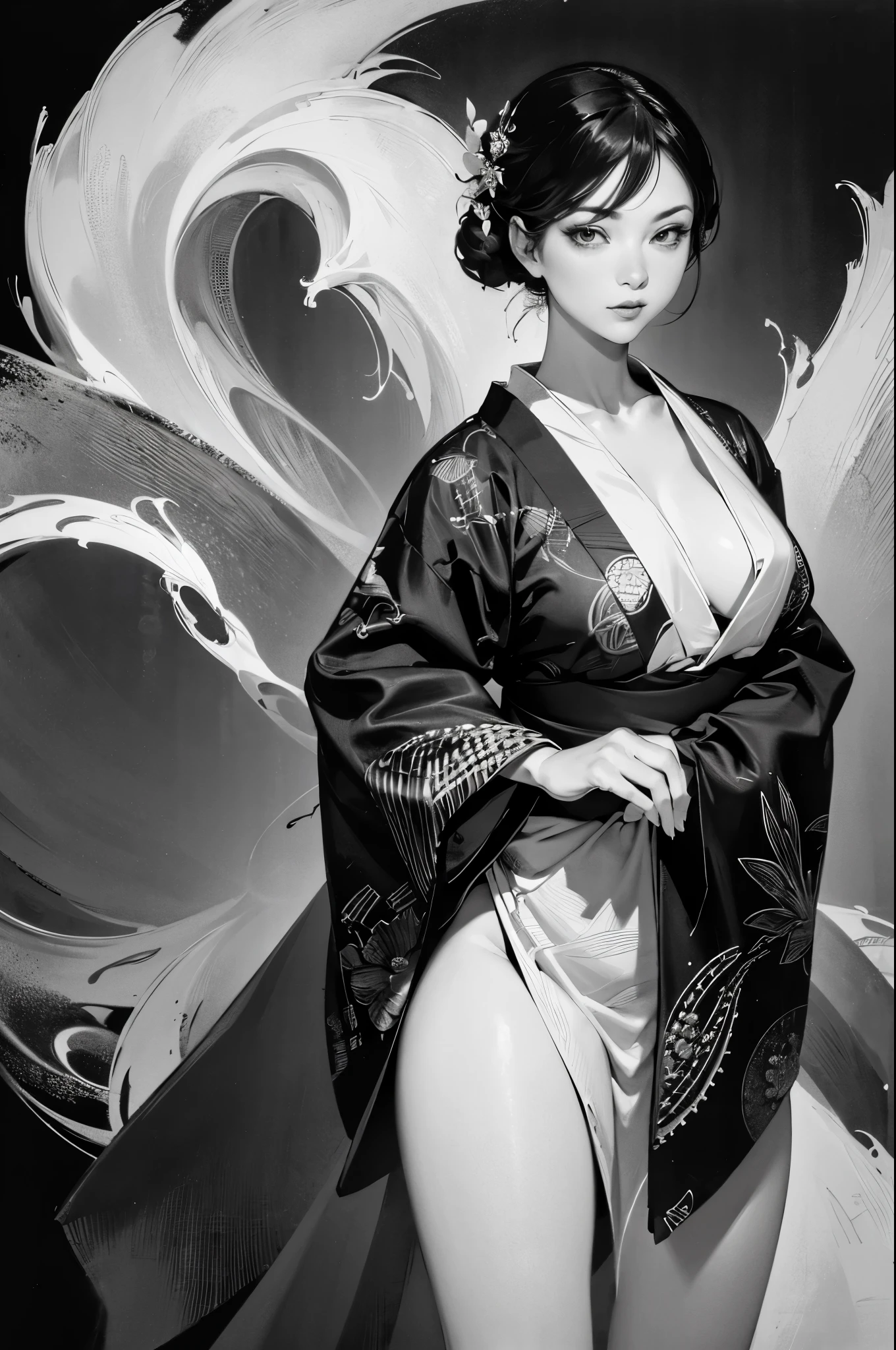 Umalinda warrior sexy, pretty face, Delicious Company, Alluring figure, Wearing a sexy open kimono. The artwork is created in a medium reminiscent of Japanese ink paintings....., 具有大胆的笔触和Monochromatic color palette. artist'Masterful technique reveals the intensity and power of the image'sense of presence,with the highest quality, Perfectly capture every detail with ultra-high resolution. Textures and intricate patterns on kimonos are rendered with extreme precision. Lighting is carefully designed,Enhance drama, Features deep shadows and subtle highlights. General, The artwork exudes elegance and power, Combining traditional Japanese aesthetics with a modern feel. Monochromatic color palette, Combine details, Create captivating and immersive experiences for your audience.