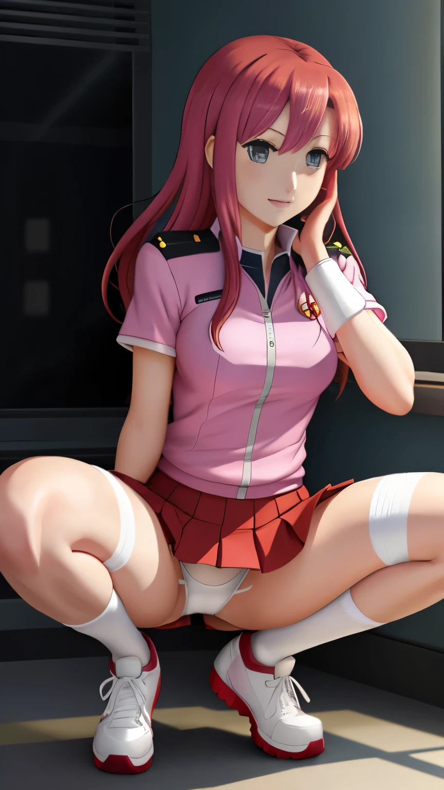 Earth Army、Frey Ulster、 uniform, pink army,white jacket, white uniform,黒いタイトmini skirt、mini skirt,
white panties、_have,squatting in front、spread legs、show white panties,
前hair,red_hair, length_hair,blue eyes,a White bow in her hair,redいhairで床にひざまずく制服を着たアニメの女の子, Misato Katsuragi, Makinami, juri misaki, marin kitagawa fanart, haruno sakura, zero two, Makoto Shinka, Created at Anime Artist Studio, Sakura Haruno, [ 4K digital art ]!!, yayoi kasuma, Beautiful anime girl squatting