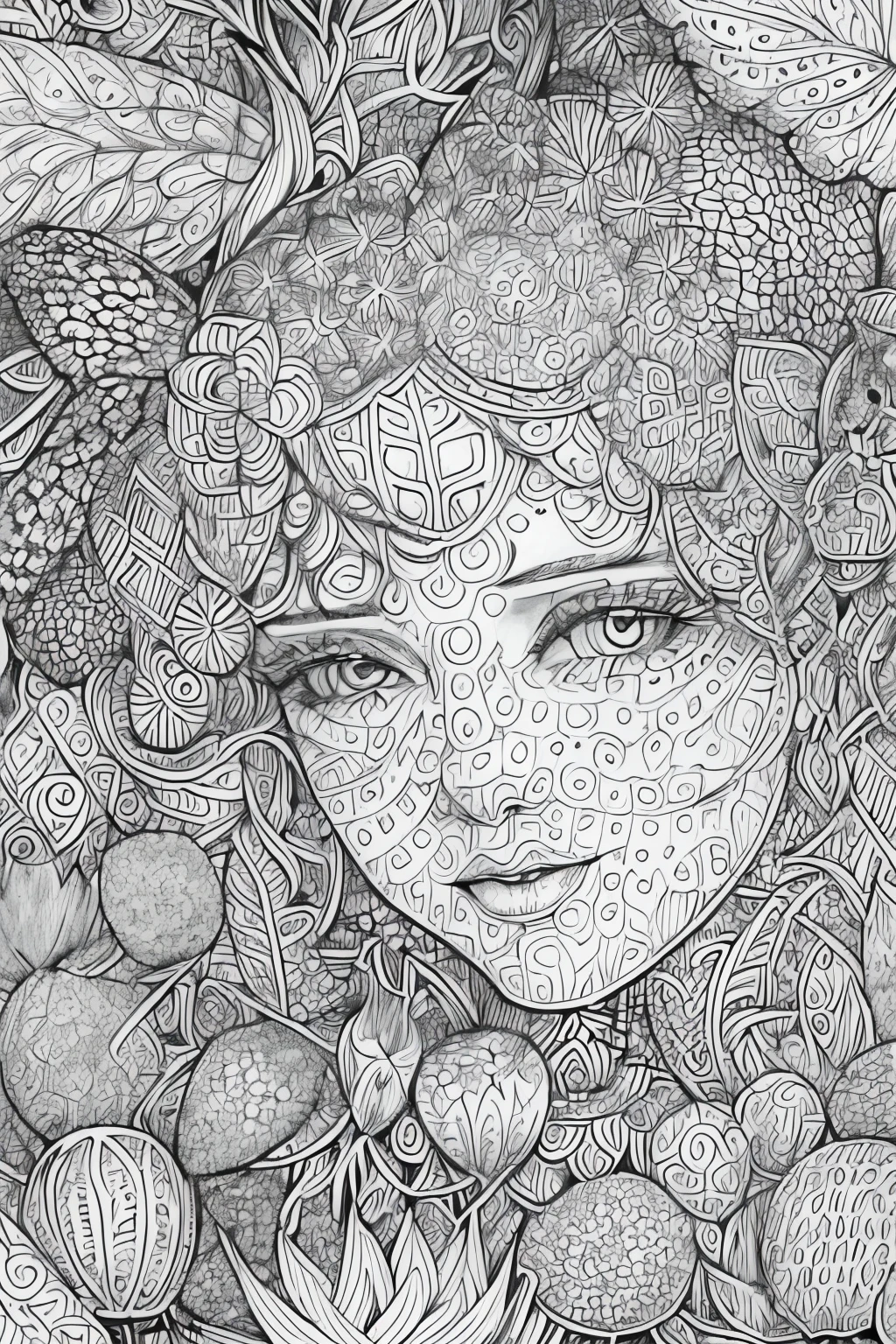 (A black and white coloring book:1.5),( absurd, high quality, super detailed, masterpiece, concept art, Smooth, highly detailed artワーク, super realistic painting ) , small , Strawberry girl, strawberry, cute, whole body, romantic, Brilliant, dream-like, fantasy, fairy wings, in the forest, enchanting shine, highly detailed art