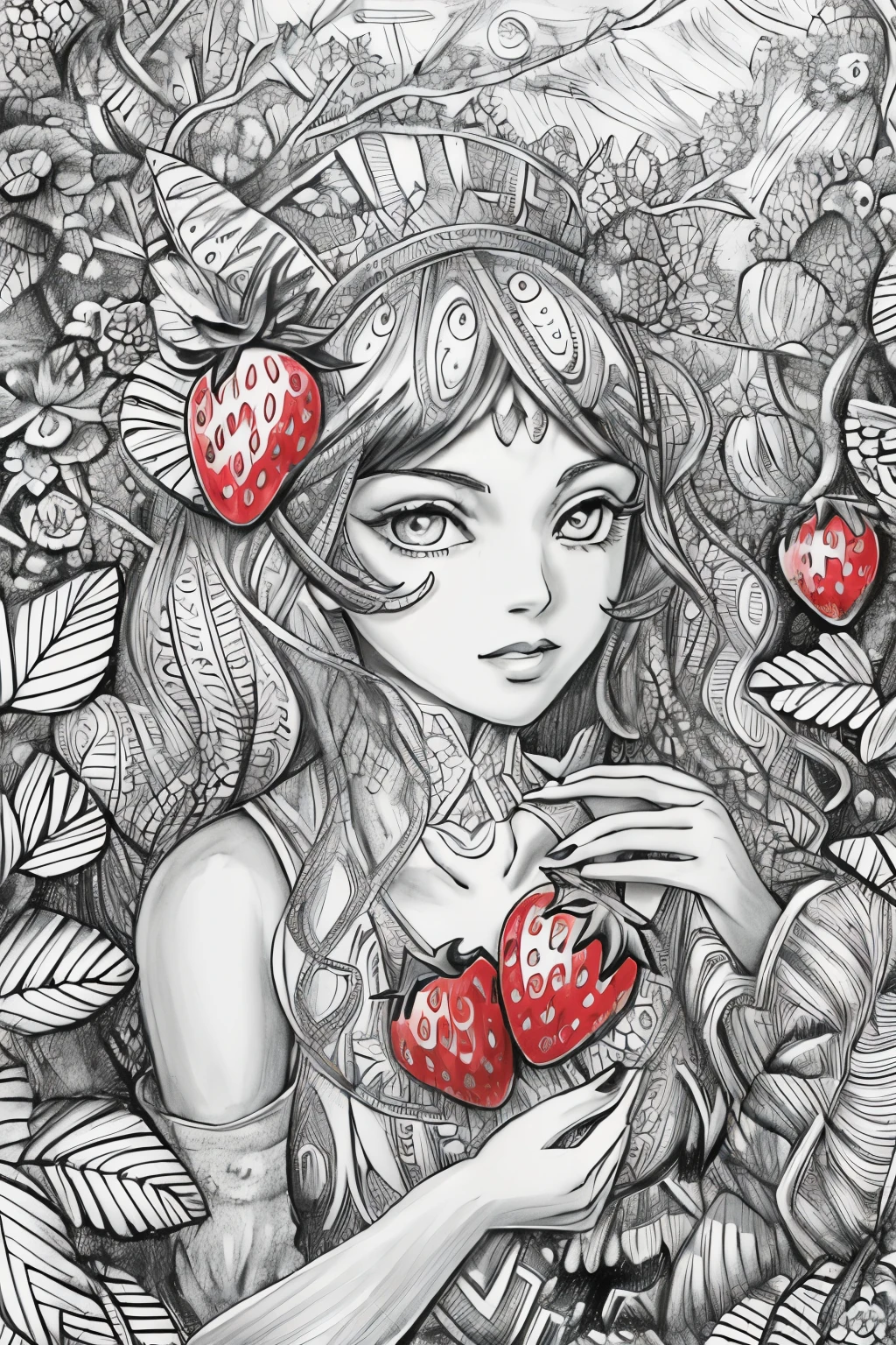 (A black and white coloring book:1.5),( absurd, high quality, super detailed, masterpiece, concept art, Smooth, highly detailed artワーク, super realistic painting ) , small , Strawberry girl, strawberry, cute, whole body, romantic, Brilliant, dream-like, fantasy, fairy wings, in the forest, enchanting shine, highly detailed art