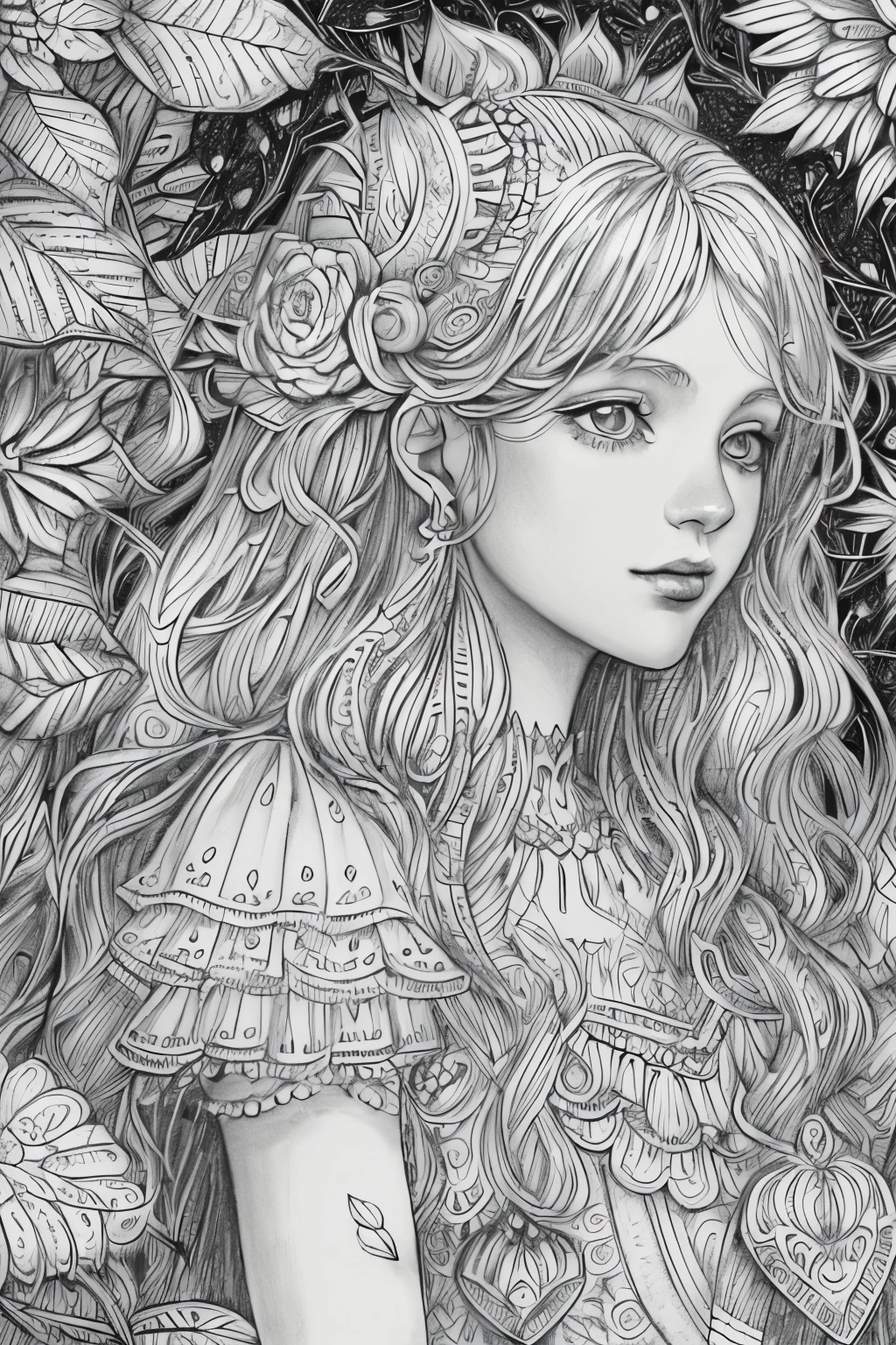 (A black and white coloring book:1.5),( absurd, high quality, super detailed, masterpiece, concept art, Smooth, highly detailed artワーク, super realistic painting ) , small , Strawberry girl, strawberry, cute, whole body, romantic, Brilliant, dream-like, fantasy, fairy wings, in the forest, enchanting shine, highly detailed art