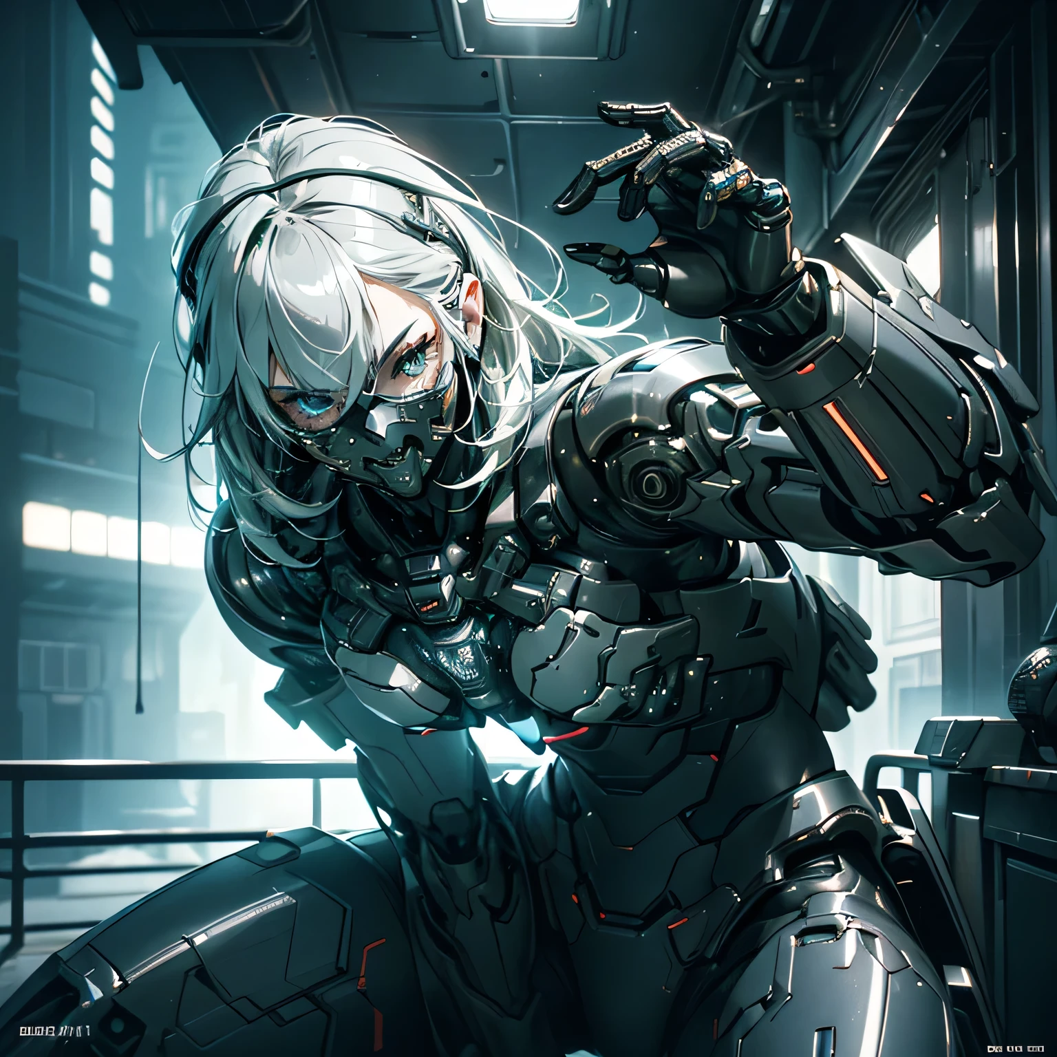 (highest quality、masterpiece)、(Super detailed)、Very detailed CG、8k、unreal engine、3D rendering、beautiful mechanic、((high contrast))、(High chroma)、((very delicate and beautiful))、reflected light、highly detailed background、(cyber punk、machine city、future city)、One is femininely correct))、silver hair、shortcut、beautiful and delicate hair、(detailed beautiful eyes、detailed beautiful face)、highly detailed skin、gloves、Black Cybersuit、Very shiny cybersuit、((cowboy shot))、action pose、fighting pose