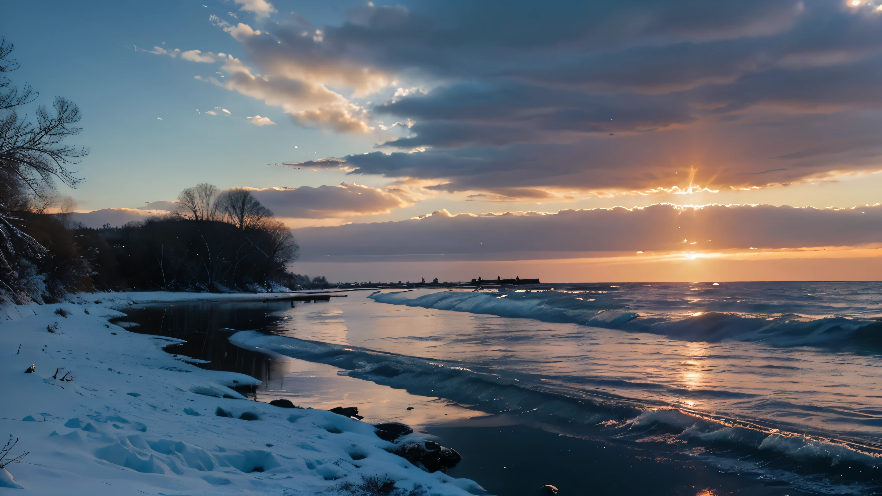sunset on the river sunset, water, sky, seaสาบ, terrain, sun, sea, sunrise, nature, reflection, winter, beach, evening, tree, twilight, cloud, ocean, clouds, light blue, snow, sunlight, horizon, summer, dawn, beautiful