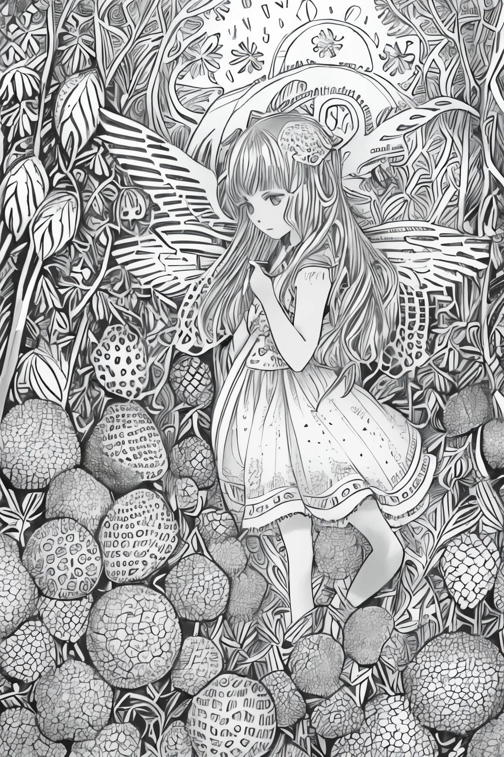 (A black and white coloring book:1.5),( absurd, high quality, super detailed, masterpiece, concept art, Smooth, highly detailed artワーク, super realistic painting ) , small , Strawberry girl, strawberry, cute, whole body, romantic, Brilliant, dream-like, fantasy, fairy wings, in the forest, enchanting shine, highly detailed art