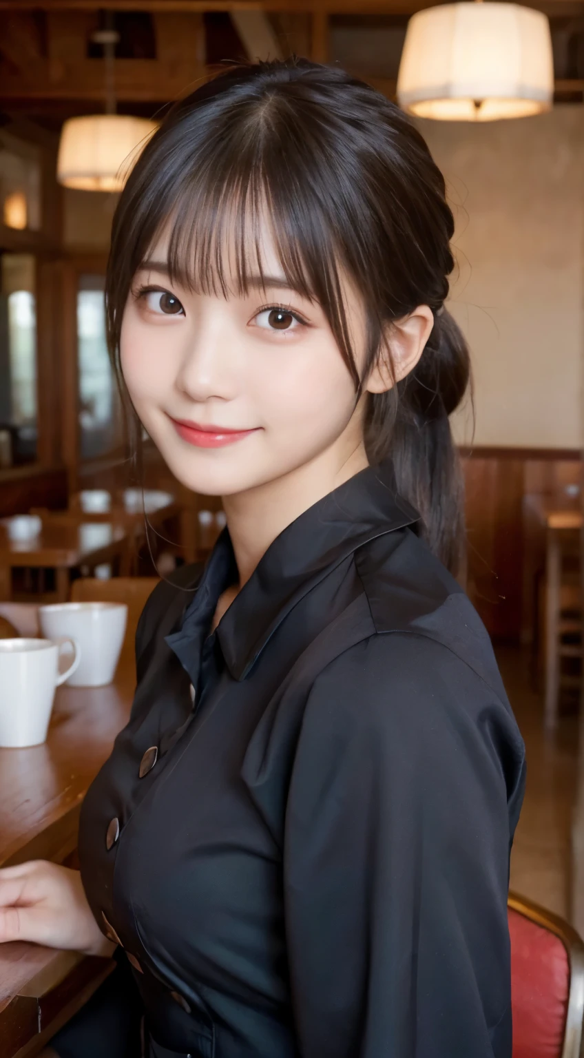(highest quality,masterpiece:1.3,ultra high resolution,),(Super detailed,caustics),(Photoreal:1.4,RAW shooting,)ultra-realistic capture,very detailed,High resolution 16K human skin close-up。 natural skin texture、,The pores are、、、Must be detailed enough to be easily identified。 Skin should look even-toned and healthy。 Use natural light and color,restaurant,waitress uniform,1 girl,Japanese,18-year-old,cute,black haired,ponytail,big breasts,smile,turn your body forward,(Front view:1.1),look at the camera,cowboy shot,