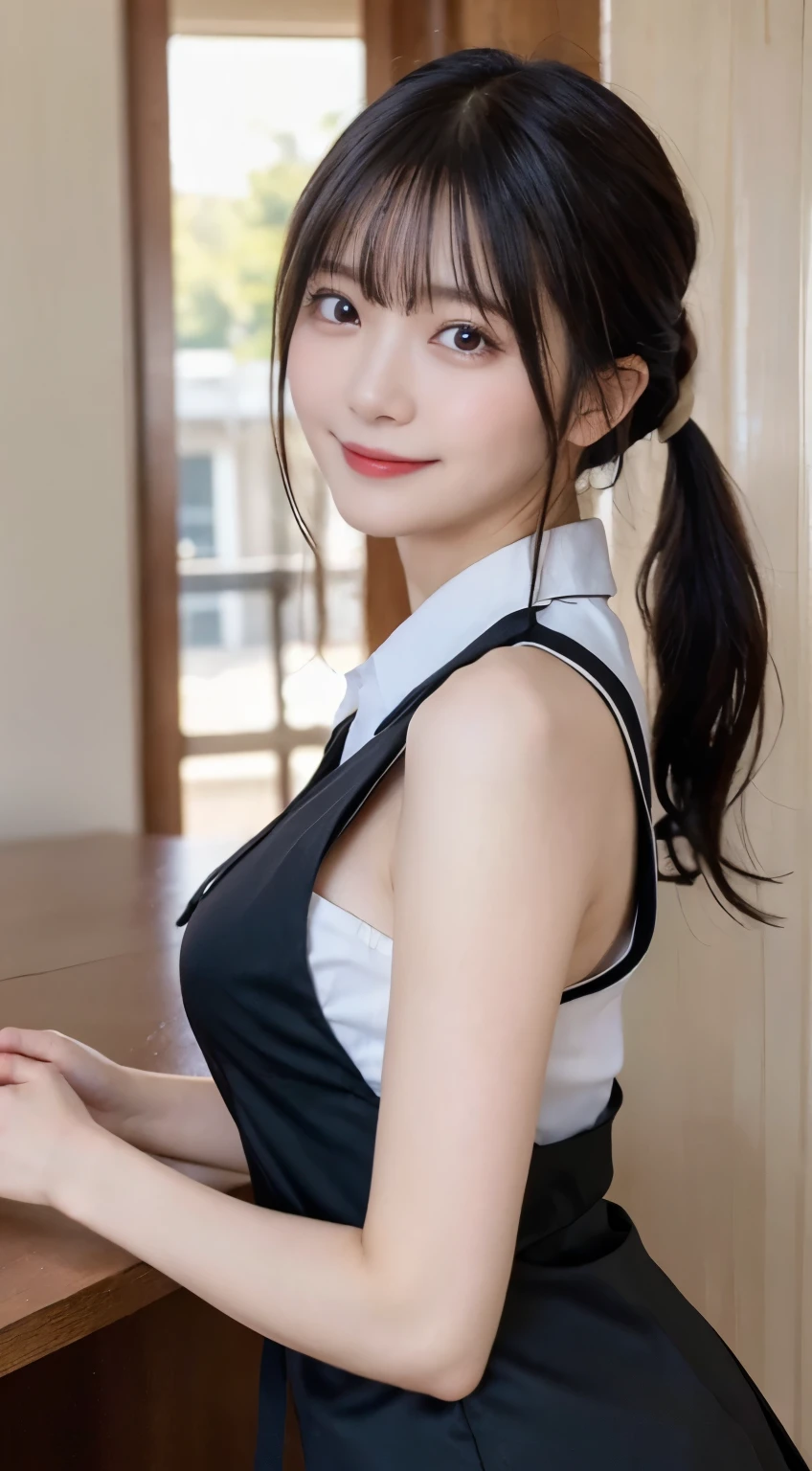 (highest quality,masterpiece:1.3,ultra high resolution,),(Super detailed,caustics),(Photoreal:1.4,RAW shooting,)ultra-realistic capture,very detailed,High resolution 16K human skin close-up。 natural skin texture、,The pores are、、、Must be detailed enough to be easily identified。 Skin should look even-toned and healthy。 Use natural light and color,restaurant,waitress uniform,1 girl,Japanese,18-year-old,cute,black haired,ponytail,big breasts,smile,turn your body forward,(Front view:1.1),look at the camera,cowboy shot,