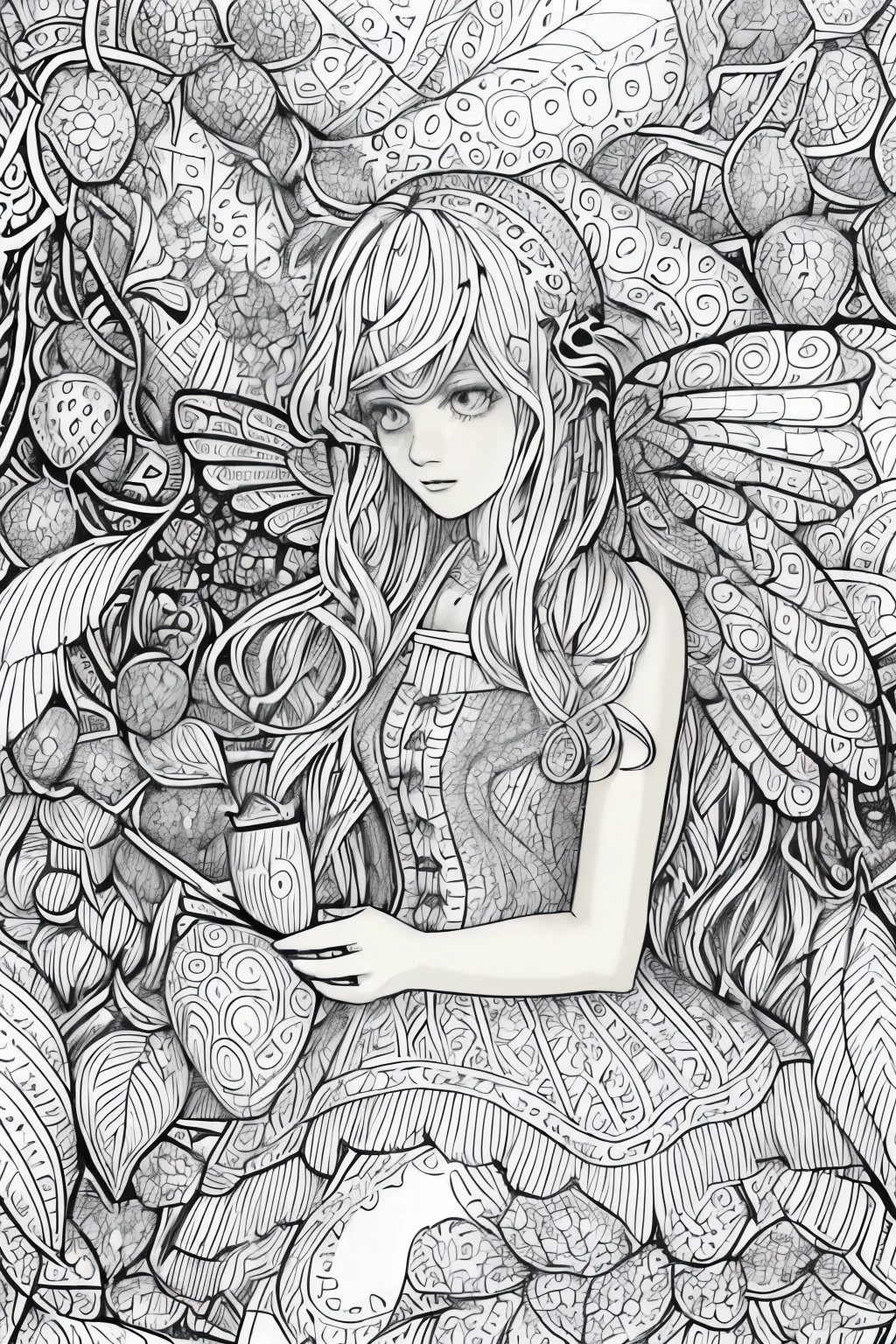 (A black and white coloring book:1.5),( absurd, high quality, super detailed, masterpiece, concept art, Smooth, highly detailed artワーク, super realistic painting ) , small , Strawberry girl, strawberry, cute, whole body, romantic, Brilliant, dream-like, fantasy, fairy wings, in the forest, enchanting shine, highly detailed art