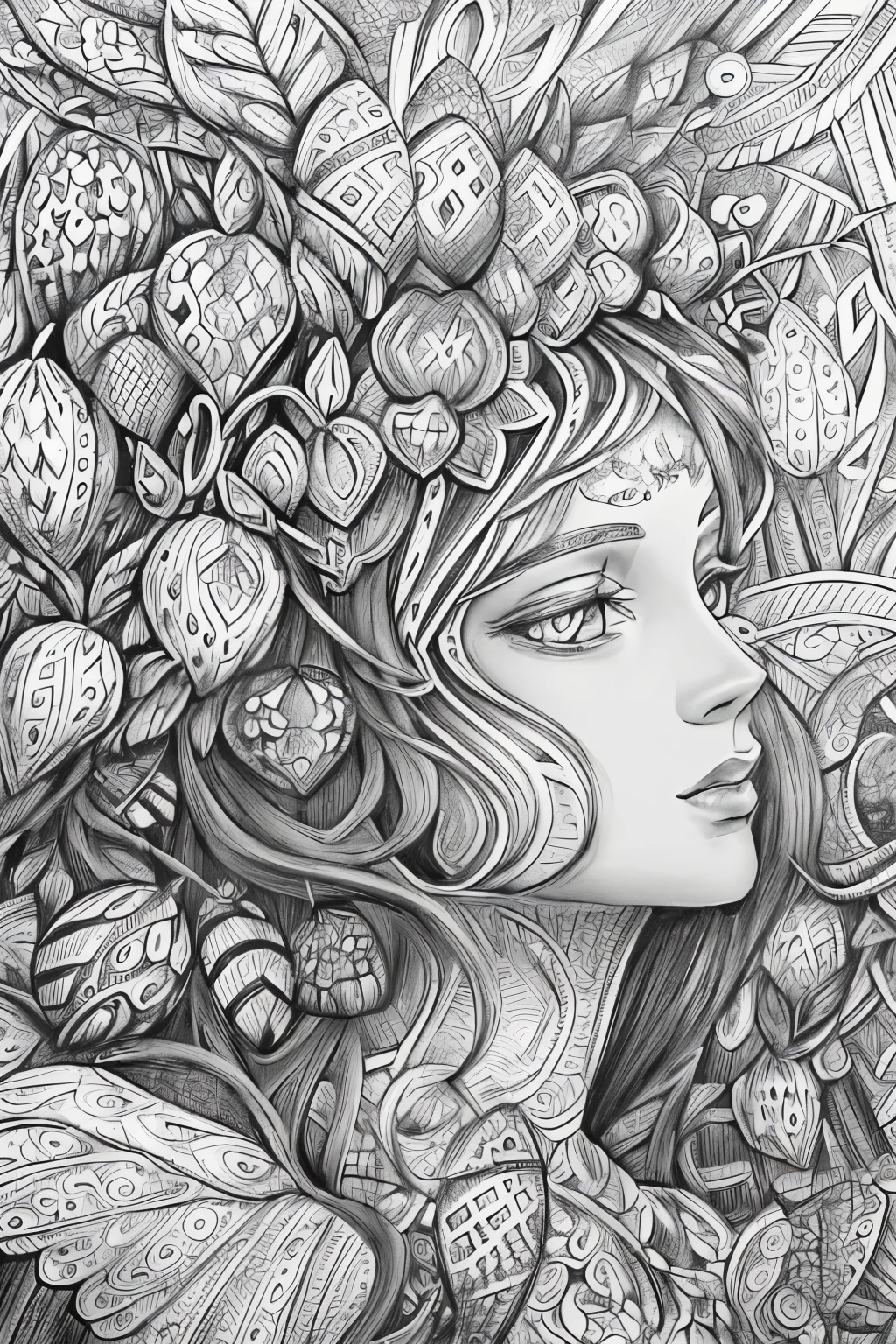 (A black and white coloring book:1.5),( absurd, high quality, super detailed, masterpiece, concept art, Smooth, highly detailed artワーク, super realistic painting ) , small , Strawberry girl, strawberry, cute, whole body, romantic, Brilliant, dream-like, fantasy, fairy wings, in the forest, enchanting shine, highly detailed art