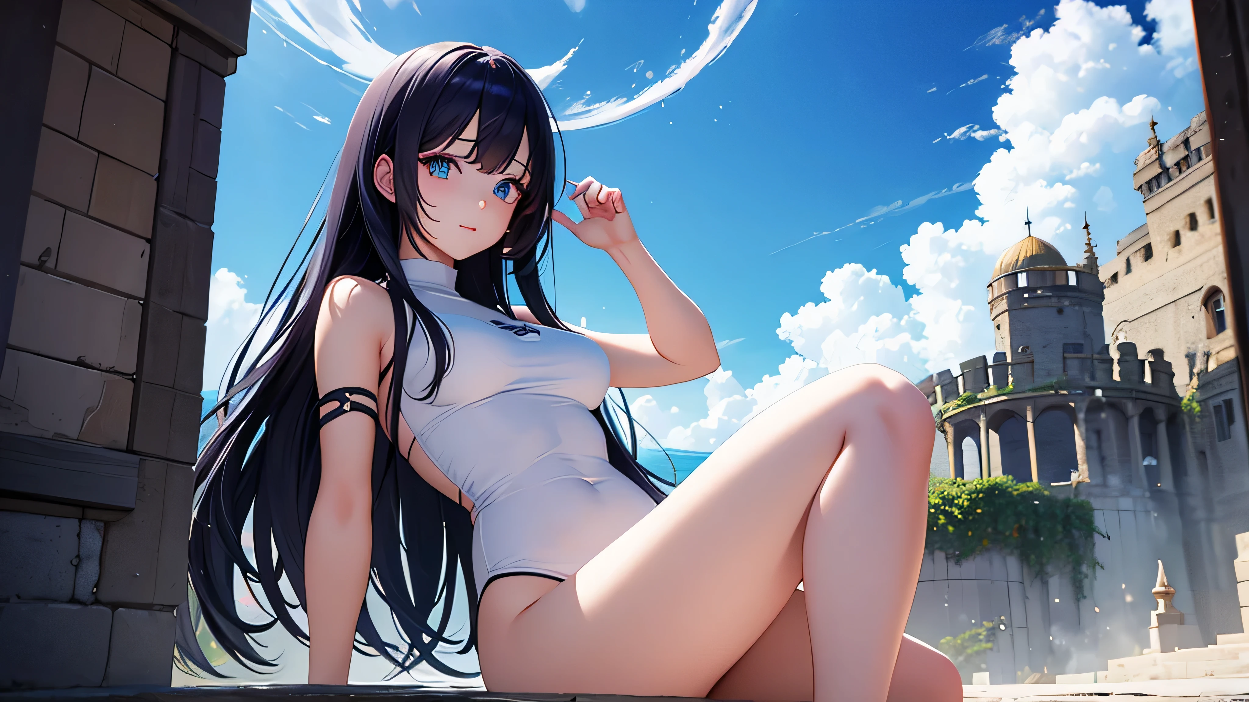 anime girl, solo, 1girl, 1990's style, 90's style, 90's, cute, adorable, sweet, basic, basic girl, virgin killer sweater, multicolor hair, dark hair tone, cat eyes, cat pupils, heterochromia, cute face, ,perfect body, dream body, magical girl, goddess, short, mythological, empress, mistress, dominate, thighs, no socks, no shoes, in the clouds, cloud castle, castle in the clouds, cloud kingdom, sky island, unique hair color, abnormal hair color mix, floating halo, beauty, normal body, legs, feet, thighasterpiece), (Best Quality:1.1),(Ultra-detailed),Best Illustration,finely , detail, ,Clear,4K, raytracing, clear, realistic, beautiful eyes, highly detailed,