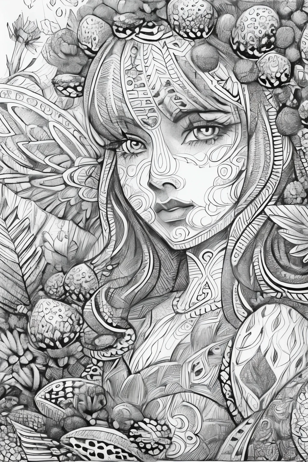 (A black and white coloring book:1.5),( absurd, high quality, super detailed, masterpiece, concept art, Smooth, highly detailed artワーク, super realistic painting ) , small , Strawberry girl, strawberry, cute, whole body, romantic, Brilliant, dream-like, fantasy, fairy wings, in the forest, enchanting shine, highly detailed art