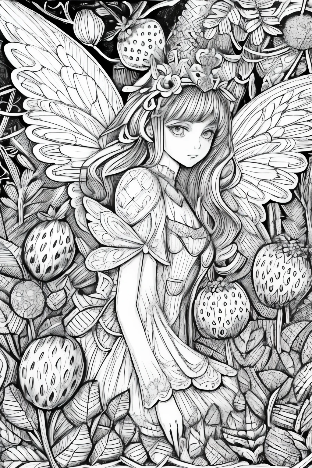 A whimsical fairy with delicate wings, sitting atop a toadstool and playing a tiny flute while surrounded by fluttering butterflies. Crisp black lines against a white background, ideal for a coloring book page.