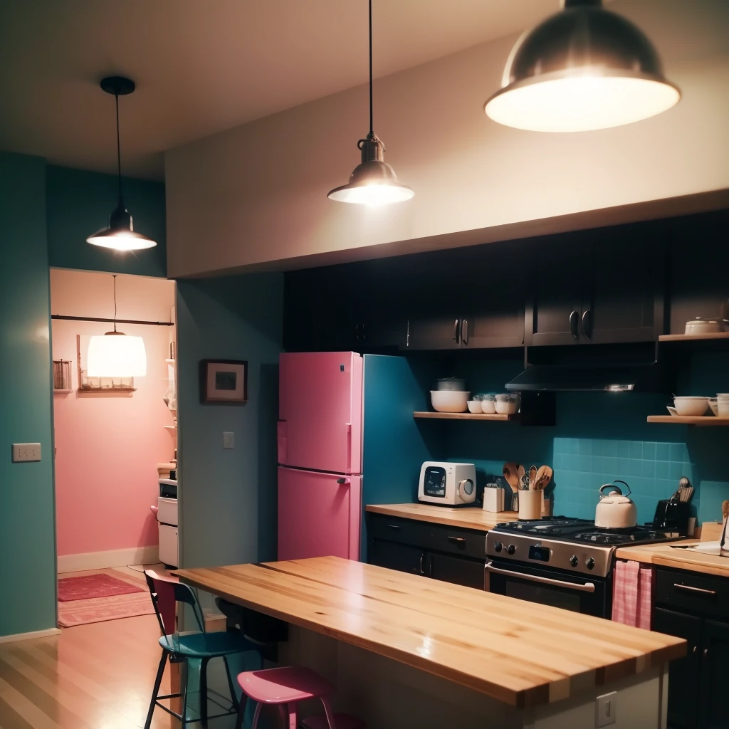 kitchen、夜のkitchen、the lights are on、Lots of cute accessories、Lots of pink colors、Delicious food、tidying up、blue wall、How people look when they are standing