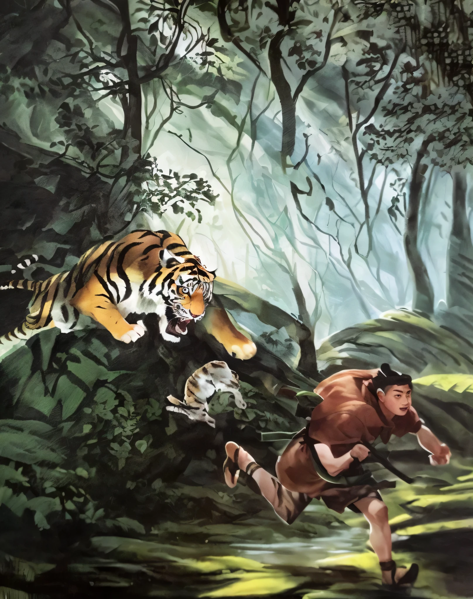 painting of a man chasing a tiger in a jungle, a rabbit, a wizard battling a tiger, hunting a tiger, by Sava Šumanović, in deep forest hungle, prowling through the forest, epic full color illustration, the jungle at the background, in a jungle, in jungle forest, in jungle forest !!!, in deep jungle forest jungle, on a jungle forest