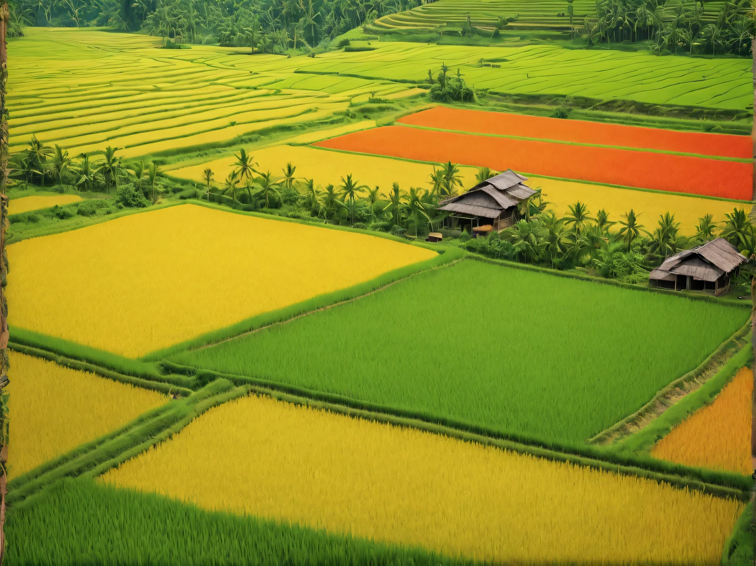 Antique tapestry depicting lush rice fields., Bright colors, high saturation, A high resolution, High detail