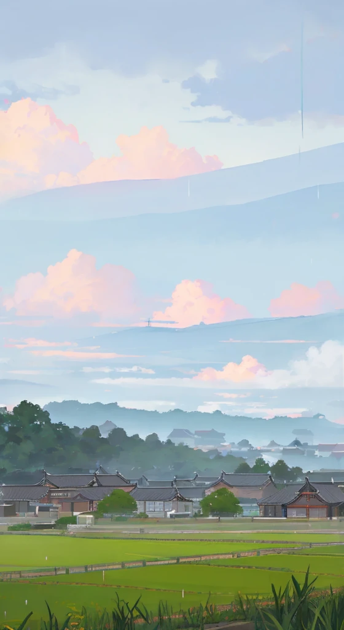 field painting,Distant village background,rain,Ching Ming Festival,cloudy day,swallow在空中飞翔,Housing complexes,farmland,foreground leaves,swallow