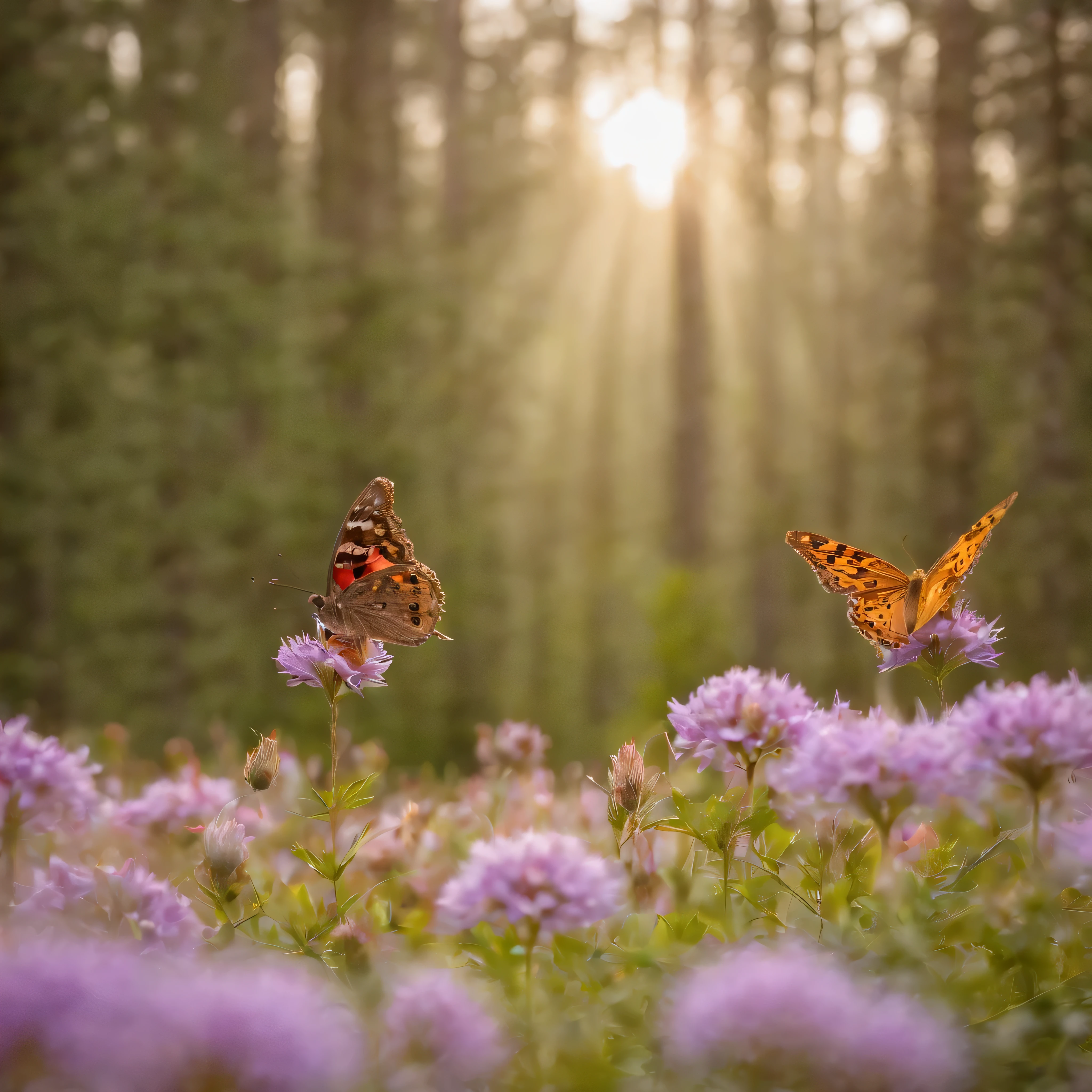 field of various colorful wildflowers and different butterflies, pine forest in the background, sunrays, vibrant, elk herd, no humans, the realism is astounding, capturing every intricate detail with precision. The lighting in the scene is soft and gentle, creating a warm and welcoming ambiance.