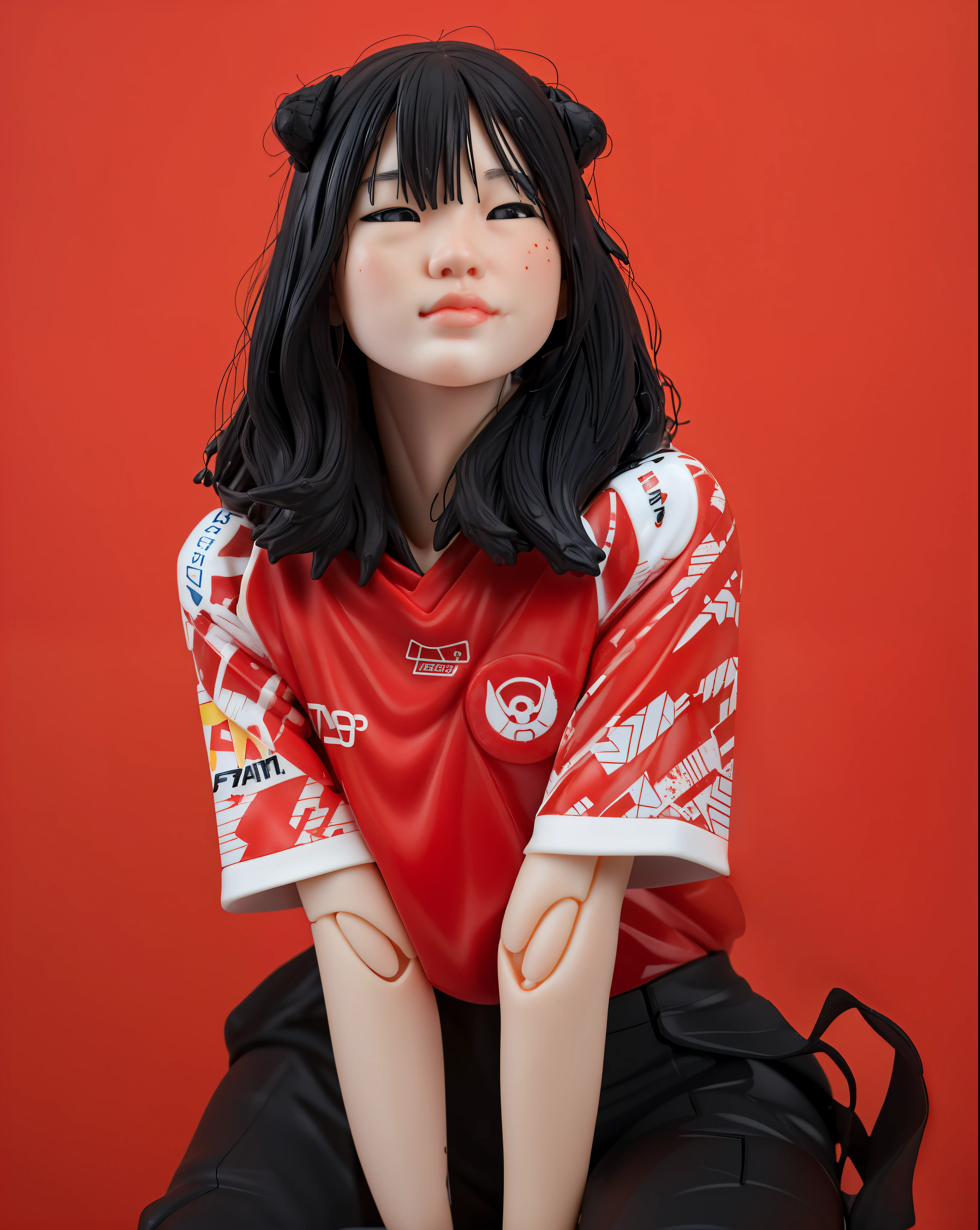 A detailed face action figure, A girl Action figure, an action figure of a girl wearing a red jersey and black pants, cute face Action figure, kiss lips, cute lips, asian face action figure, resin skin, resin statue, toys, resin skin, simple background