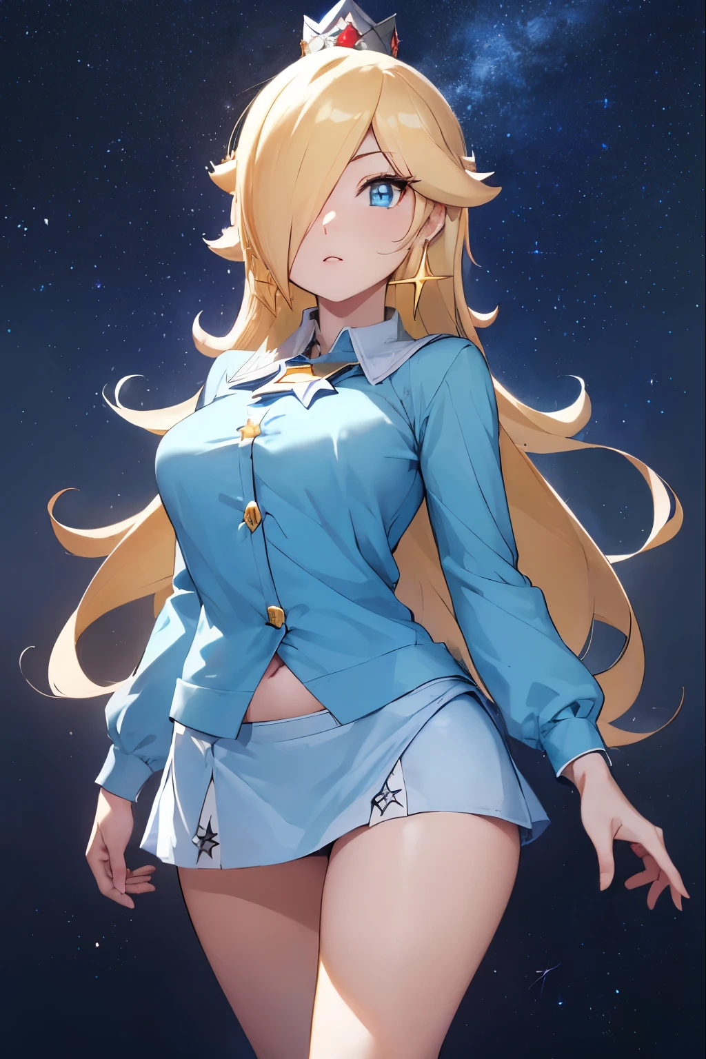 Rosalina, Blonde hair, blue eyes, hair over one eye, long hair, small breasts, micro skirt, light blue miniskirt, lower part of the breasts exposed, blouse lifted showing part of the breasts, belly exposed, crown, earrings, jewelry , princess, star earrings, BREAK night, night sky, sky, star\ (sky\), star \(symbol\), space, sun, BREAK looking at the viewer, (cowboy photo: 1.5), BREAK (art : 1.2 ), best quality, high resolution, 8k unity wallpaper, (artwork: 0.8), (beautiful detailed eyes: 1.6), extremely detailed face, perfect lighting, extremely detailed CG, (perfect hands, perfect anatomy),