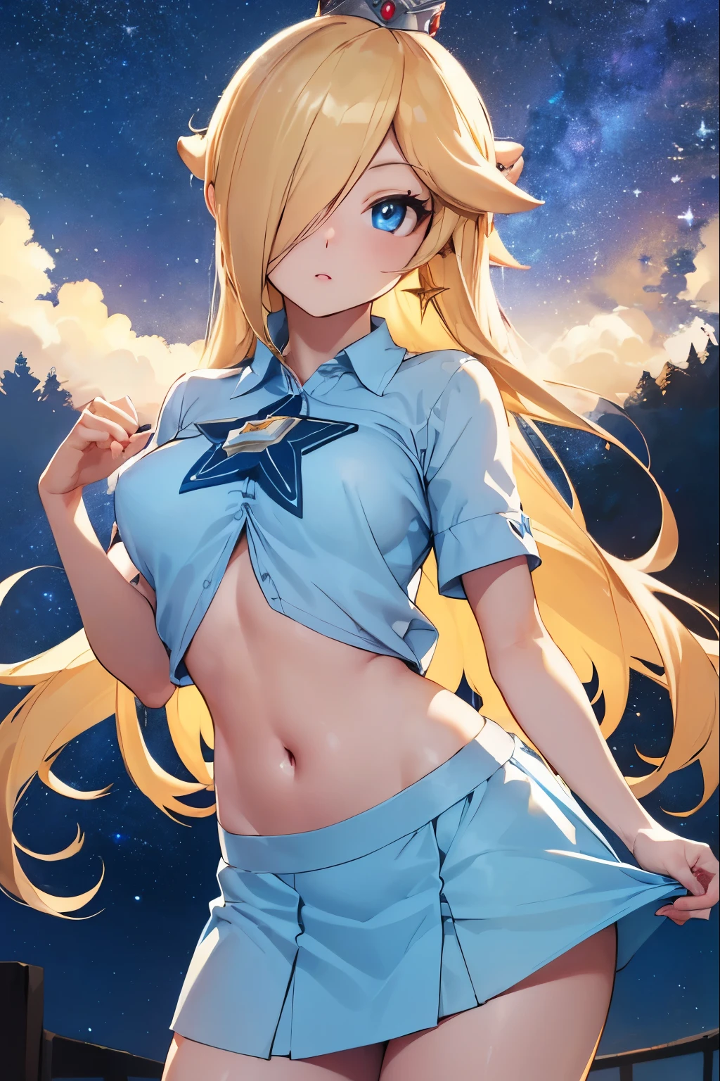 Rosalina, Blonde hair, blue eyes, hair over one eye, long hair, small breasts, micro skirt, light blue miniskirt, lower part of the breasts exposed, blouse lifted showing part of the breasts, belly exposed, crown, earrings, jewelry , princess, star earrings, BREAK night, night sky, sky, star\ (sky\), star \(symbol\), space, sun, BREAK looking at the viewer, (cowboy photo: 1.5), BREAK (art : 1.2 ), best quality, high resolution, 8k unity wallpaper, (artwork: 0.8), (beautiful detailed eyes: 1.6), extremely detailed face, perfect lighting, extremely detailed CG, (perfect hands, perfect anatomy),