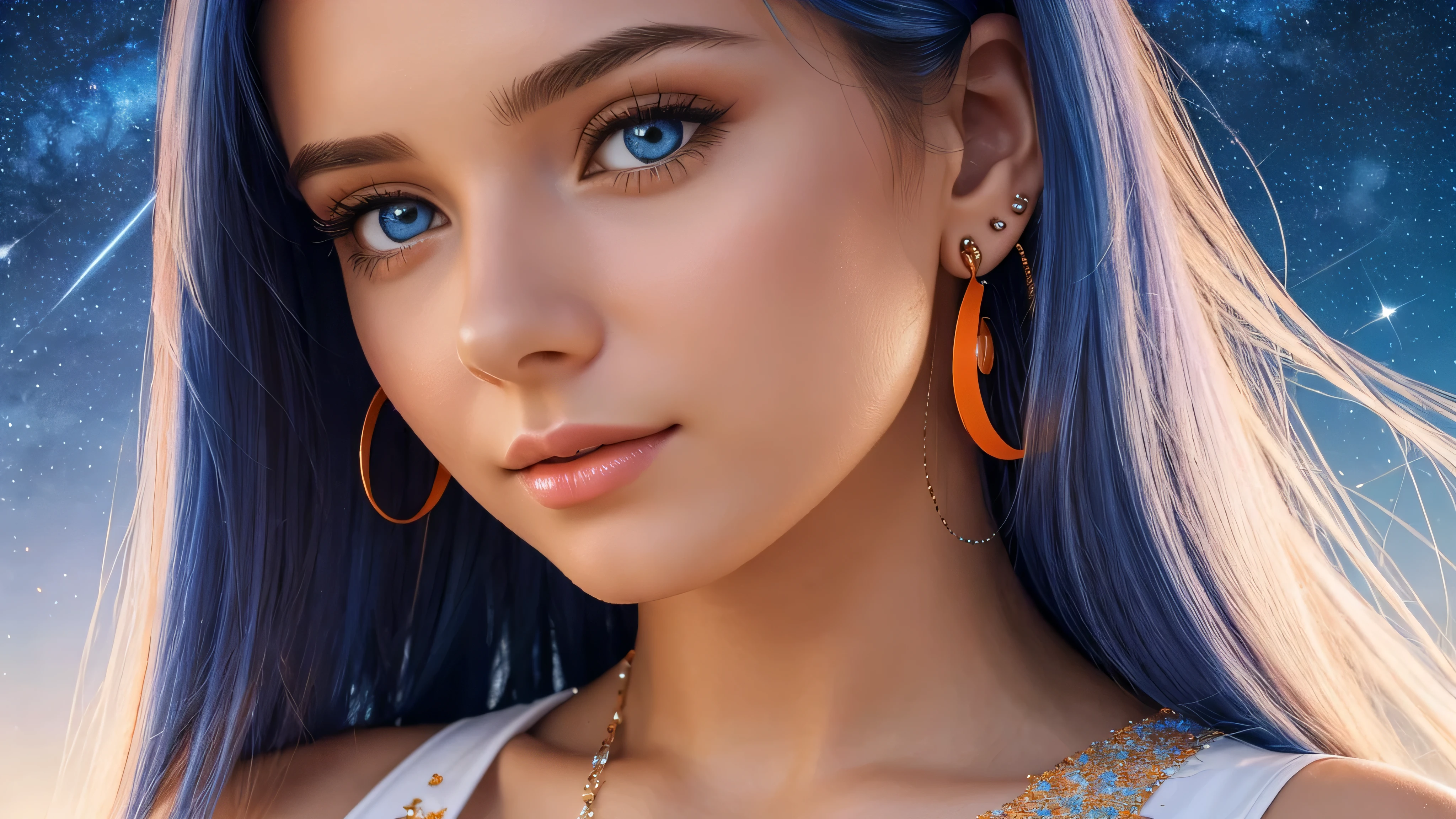 Beautiful realistic girl with BRIGHT WHITE-BLUE long hair ,Close-up of clean skin with detailed skin ,full length,in a short miniskirt,on an orange background ,Against the background of the starry sky,bright makeup,EARRINGS WITH GLITTERS,high quality,soft colors,
