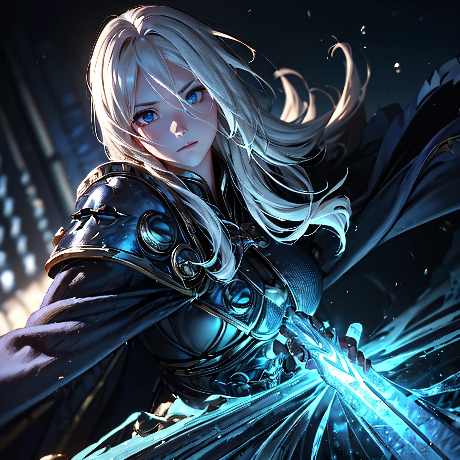 (highest quality、masterpiece)、(Super detailed)、Very detailed CG、8k、unreal engine、3D rendering、beautiful mechanic、((high contrast))、(High chroma)、((very delicate and beautiful))、reflect light、High resolution backgrounds、beautiful and delicate haine eye、detailed beautiful face)、high resolution skin、one woman、long hair、gray hair、black armor、full armor、torn cloak、????????、ferocious、 ????????の化身、torn cloth、snow mountain、Blizzard、Backlight
