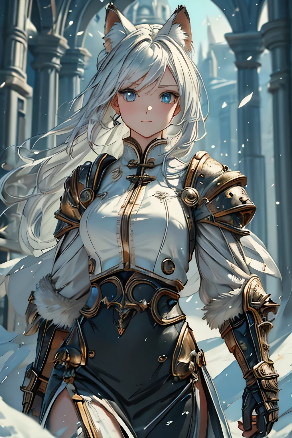 (highest quality、masterpiece)、(Super detailed)、Very detailed CG、8k、unreal engine、3D rendering、beautiful mechanic、((high contrast))、(High chroma)、((very delicate and beautiful))、reflected light、highly detailed background、beautiful and delicate hair、(detailed beautiful eyes、detailed beautiful face)、highly detailed skin、beautiful female wolf hybrid, long hair, white fur, White and black armor, torn cloth, Violence, ferocious, the embodiment of Violence, torn cloth, Wolf pets,
snow mountain