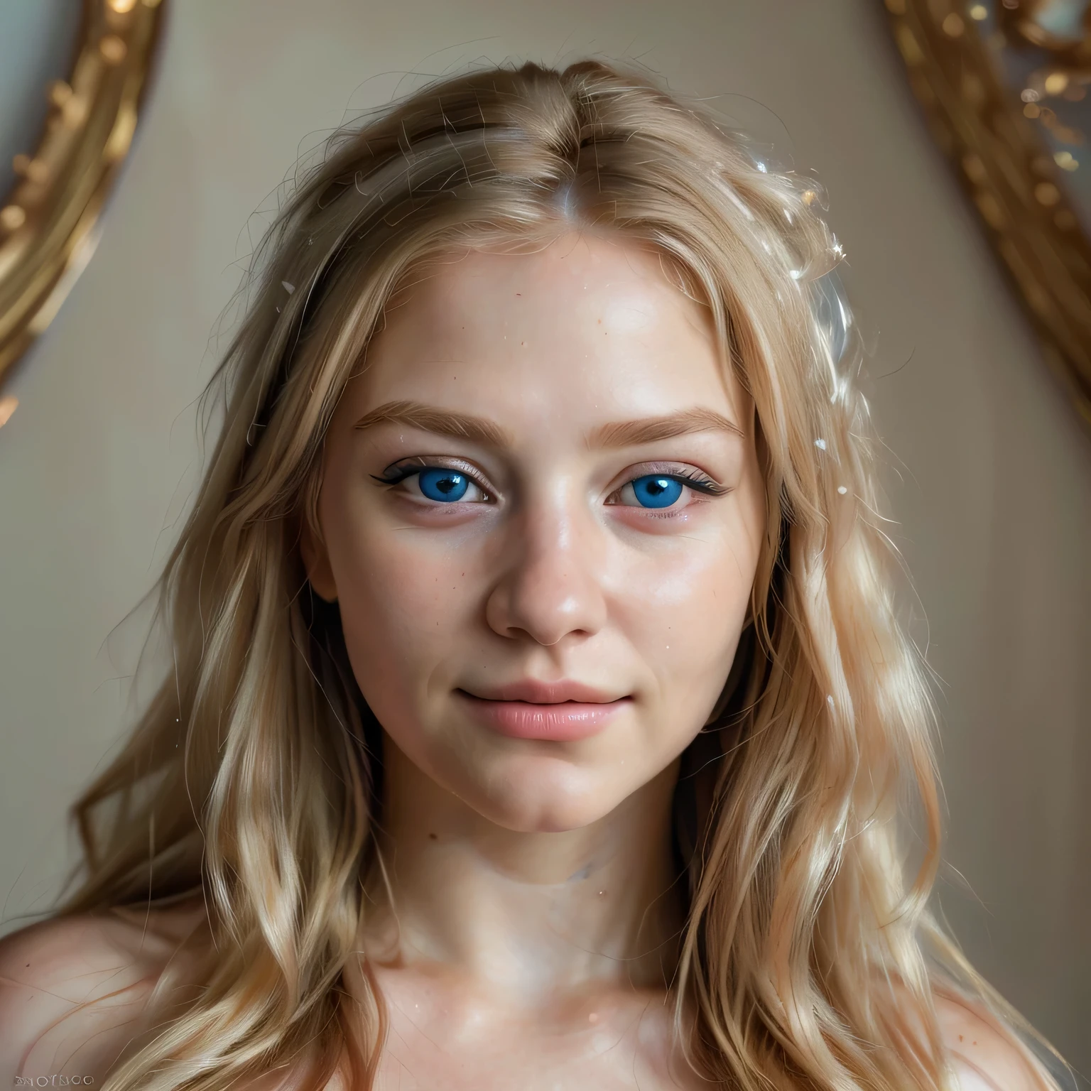 (best quality,4k,8k,highres,masterpiece:1.2),ultra-detailed,(realistic,photorealistic,photo-realistic:1.37),portrait,blonde hair,beautiful detailed blue eyes,long flowing hair,intense gaze,warm smile,vibrant colors,soft lighting,fine brush strokes,emotionally captivating,charming expression,delicate features,feminine beauty