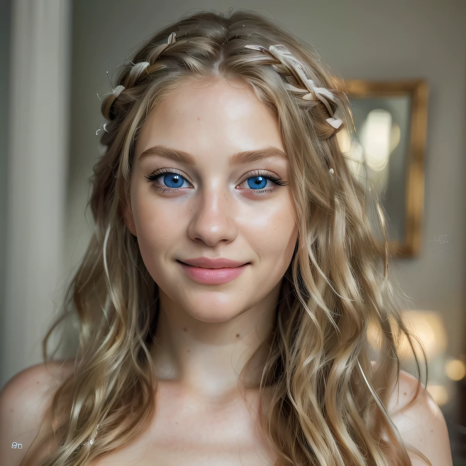 (best quality,4k,8k,highres,masterpiece:1.2),ultra-detailed,(realistic,photorealistic,photo-realistic:1.37),beautiful detailed eyes,beautiful detailed lips,extremely detailed eyes and face,long eyelashes,medium:portrait,blonde hair,blue eyes,long wavy hair,gorgeous,friendly smile,vibrant colors,soft lighting