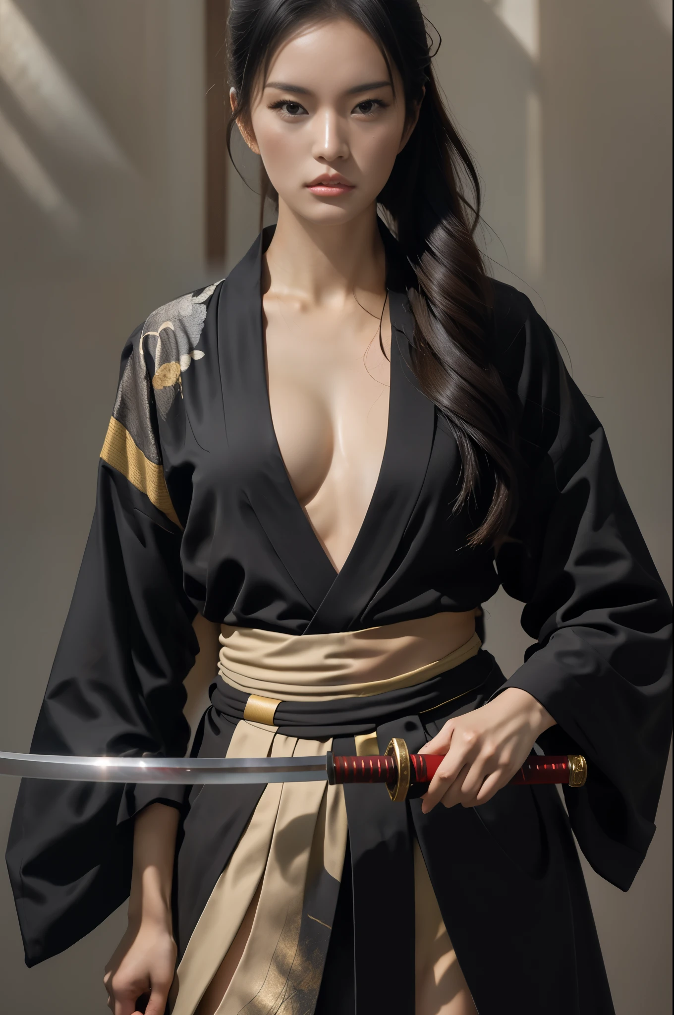 16K, Masterpiece, photorealism, girl in a kimono holding a sword, by Ren Xiong, she is holding a katana sword, by Han Gan, Yang J, Ross Tran 8 k, female samurai, by Zhou Wenjing, Zhang Han, Raymond Han, katana, Xie He, art of clapping, by Bian Jingzhao