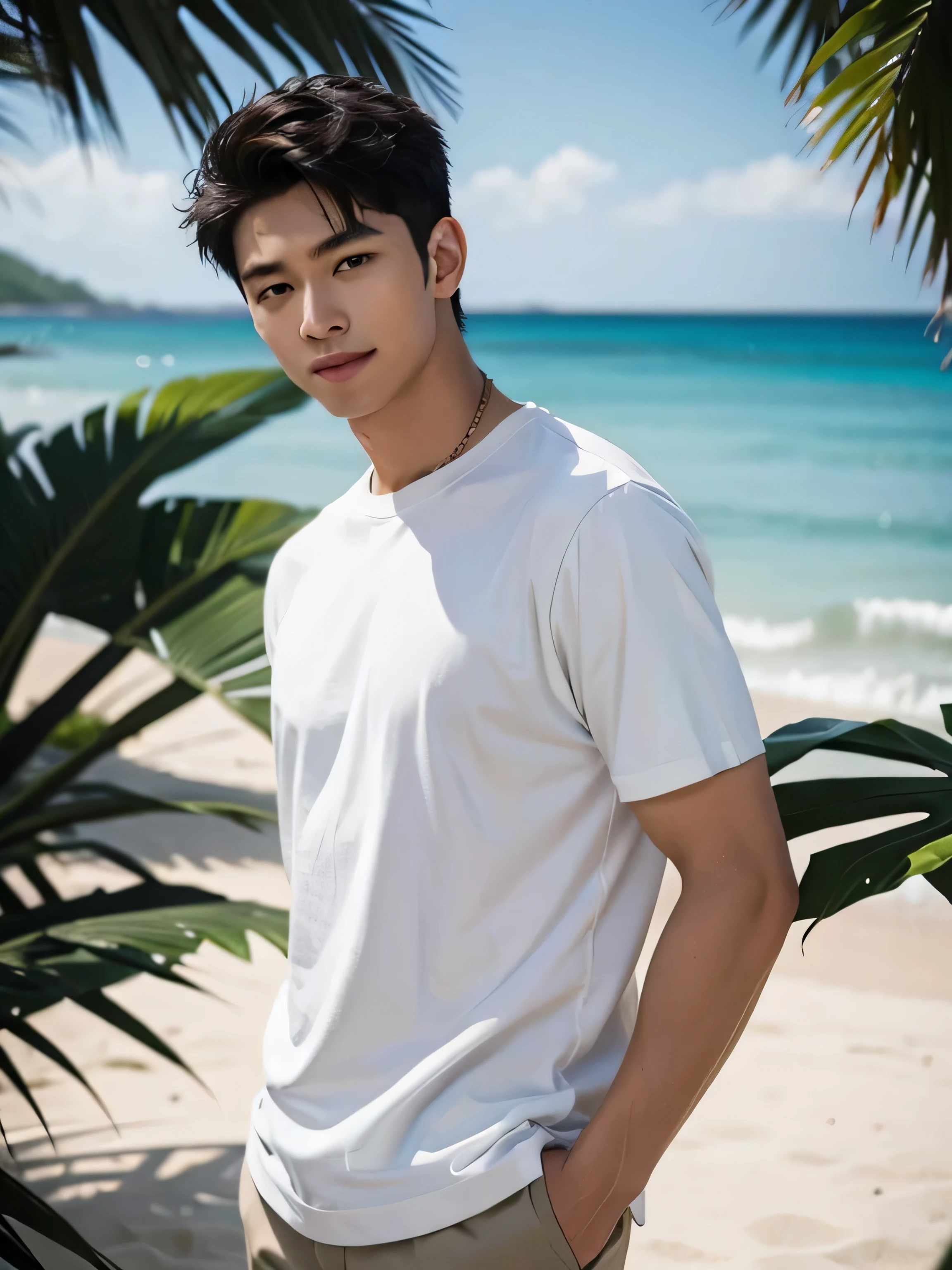 Handsome anime man wearing casual style clothes, white chinos and oversized shirt, white beach, sunset、8k、highest quality、２５elder、（Tropical beach rich in nature）、somewhat muscular、smile a little、（slightly tanned skin）