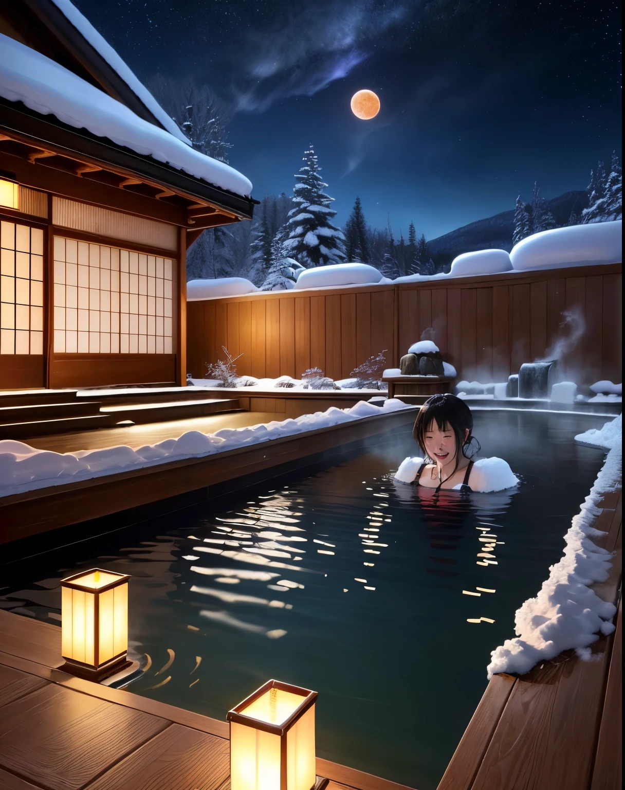 Japanese hot springs、open-air bath、steam、deep at night、Super giant moon、Mont々、snow scene、open-air bathにスポットライトを当てる、starry sky
