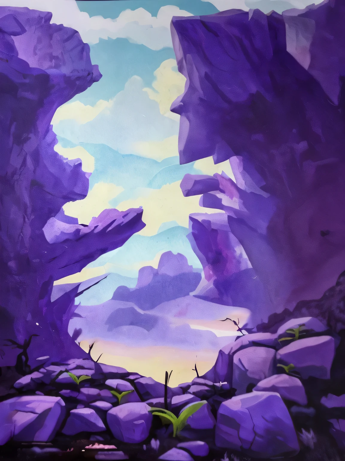 painting of a purple landscape with rocks and trees in the foreground, background art, background artwork, rocky environment, cave background, low detailed. digital painting, anime background art, anime landscape, random background scene, art for the game, light kingdom backdrop, odin's stone arena background, hq artwork, detailed game art, cave wall, high detailed official artwork