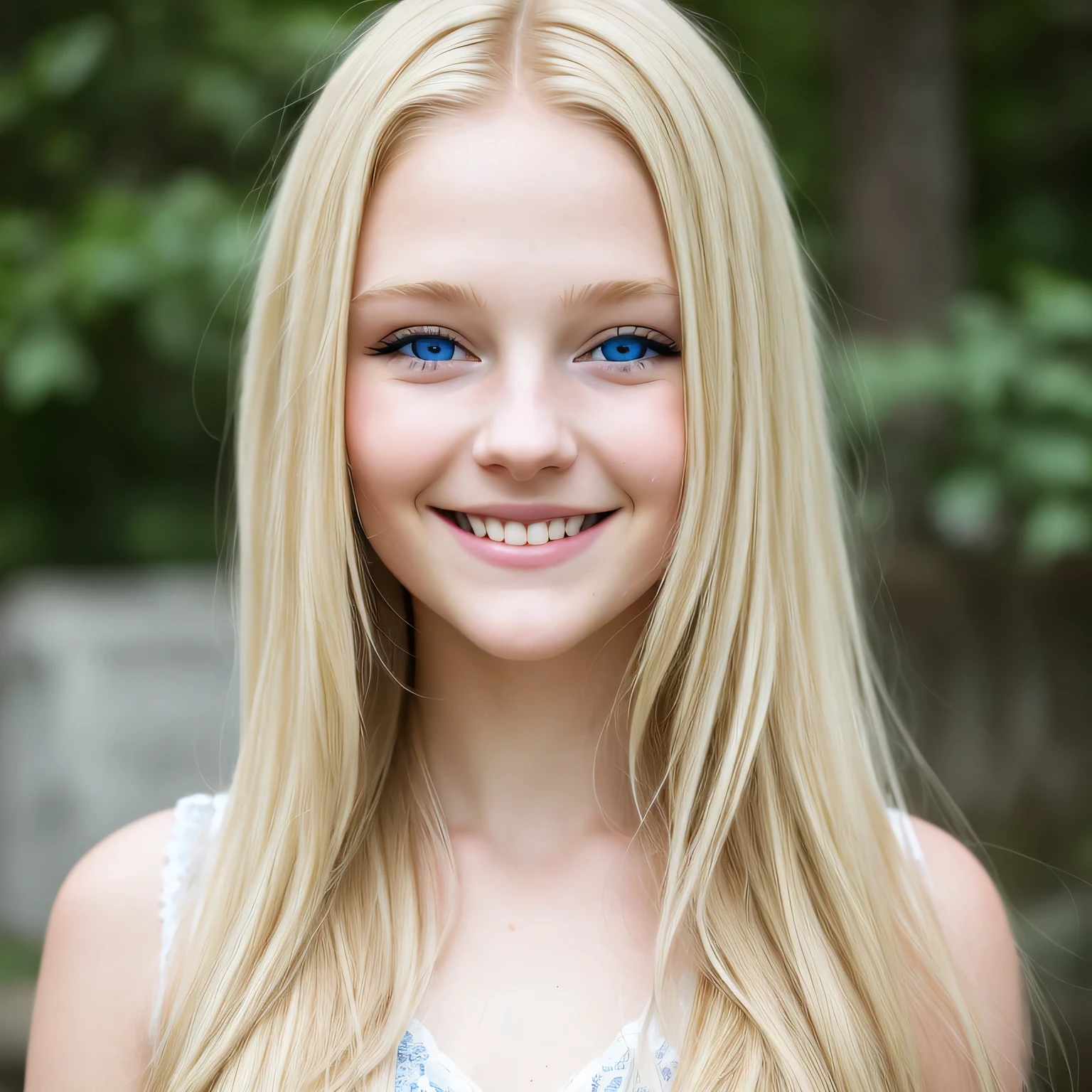 Blonde girl with blue eyes and long hair smiling at the camera - SeaArt AI