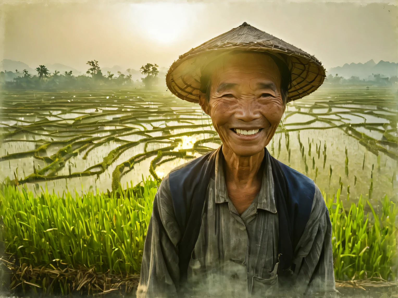 Double exposure photography, Chinese old rice farmer smiling, second exposure - misty rice fields in the morning light, (double exposure:1.5055)