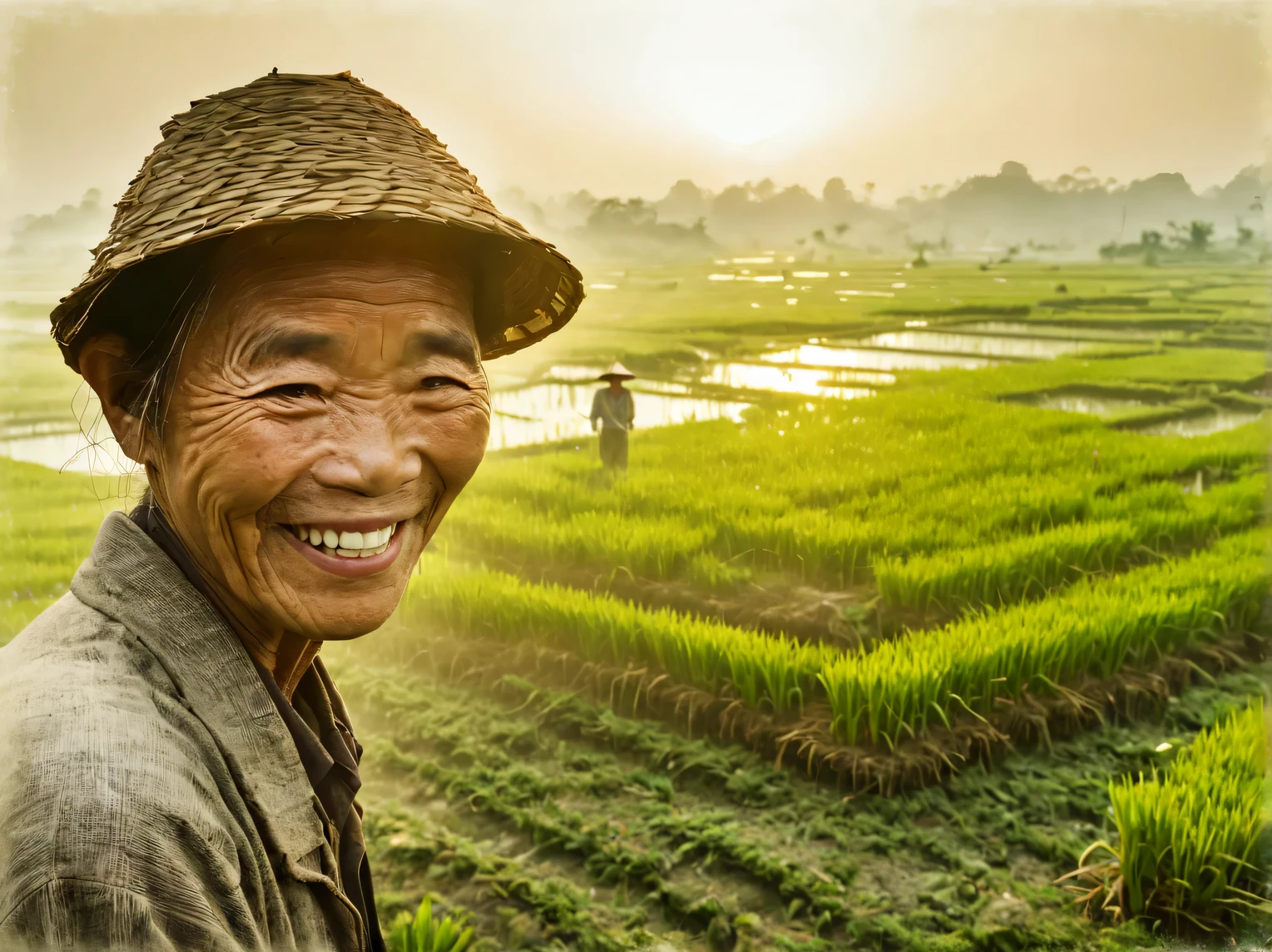 Double exposure photography, Chinese old rice farmer smiling, second exposure - misty rice fields in the morning light, (double exposure:1.5055)