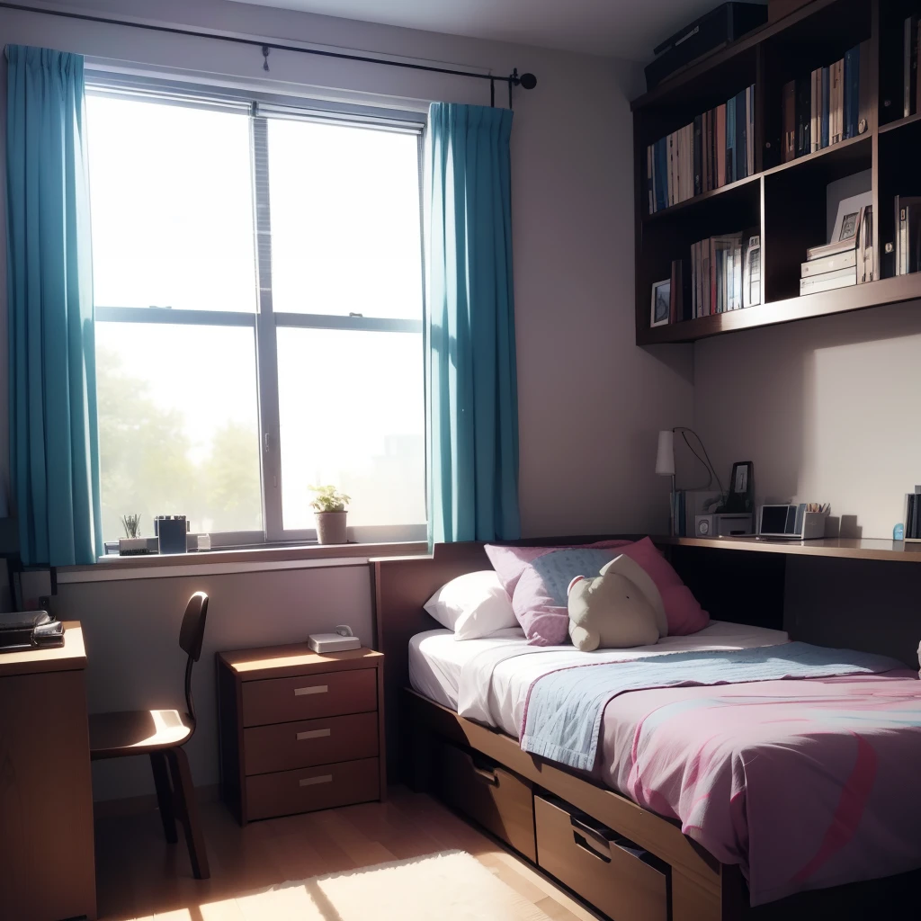 girl&#39;s room、room without windows、Cute bed、cute stuffed animals、A study desk that shows your eagerness to study、bookshelf、窓からnight空が見える、the curtains are closed、You can't see outside、nightの時間帯の部屋、window is small、The room is dark overall, with just a little moonlight shining in.、Full view of the room、darker room、A stand light illuminates the desk、nightの時間、night、nightの暗さ、bookshelf、A room for people who are eager to learn