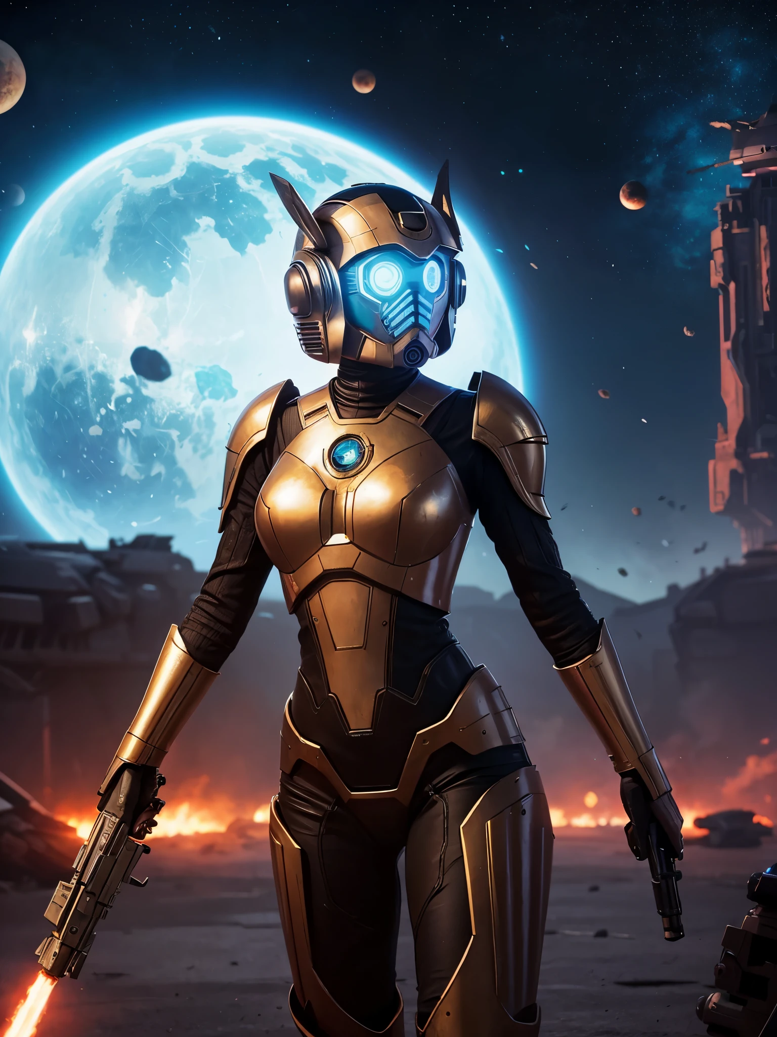 There's a woman with a gun in front of the spaceship., Ruined empire in the background, official character art, Zombies of Doom Eternal, orianna, c-3p0's picture, Inspired by Sgt. Johnson, heavenly planets on the background, Juno promotional image, full helmet